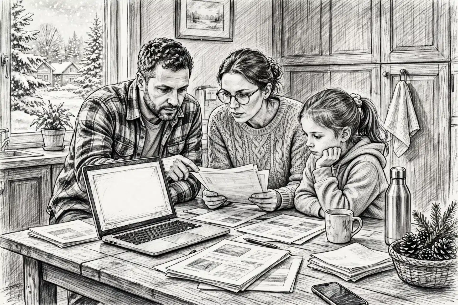 Family comparing breeder notes at kitchen table