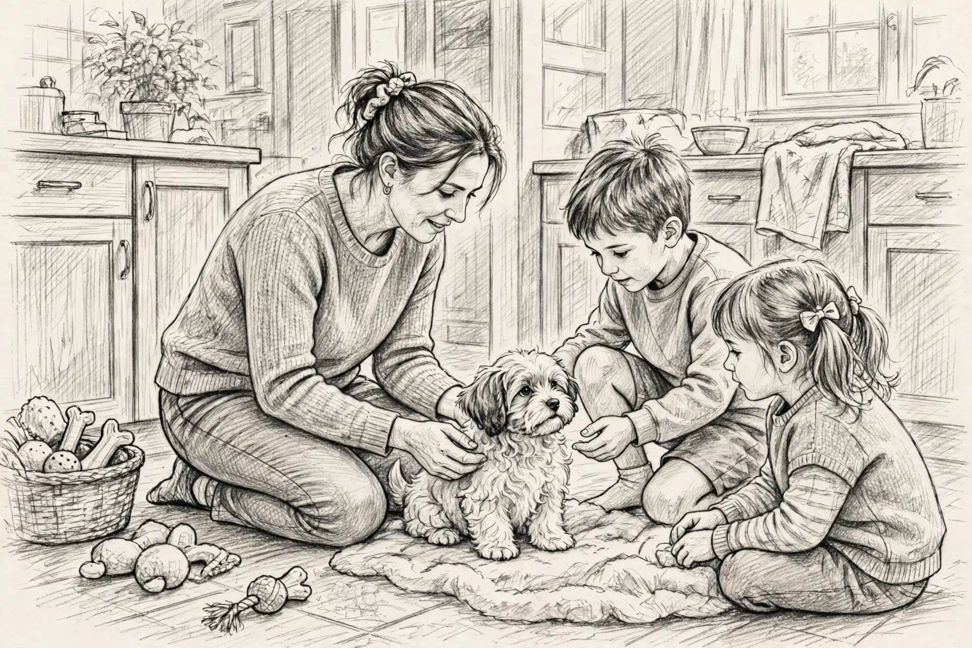 Breeder kneeling with puppy and children