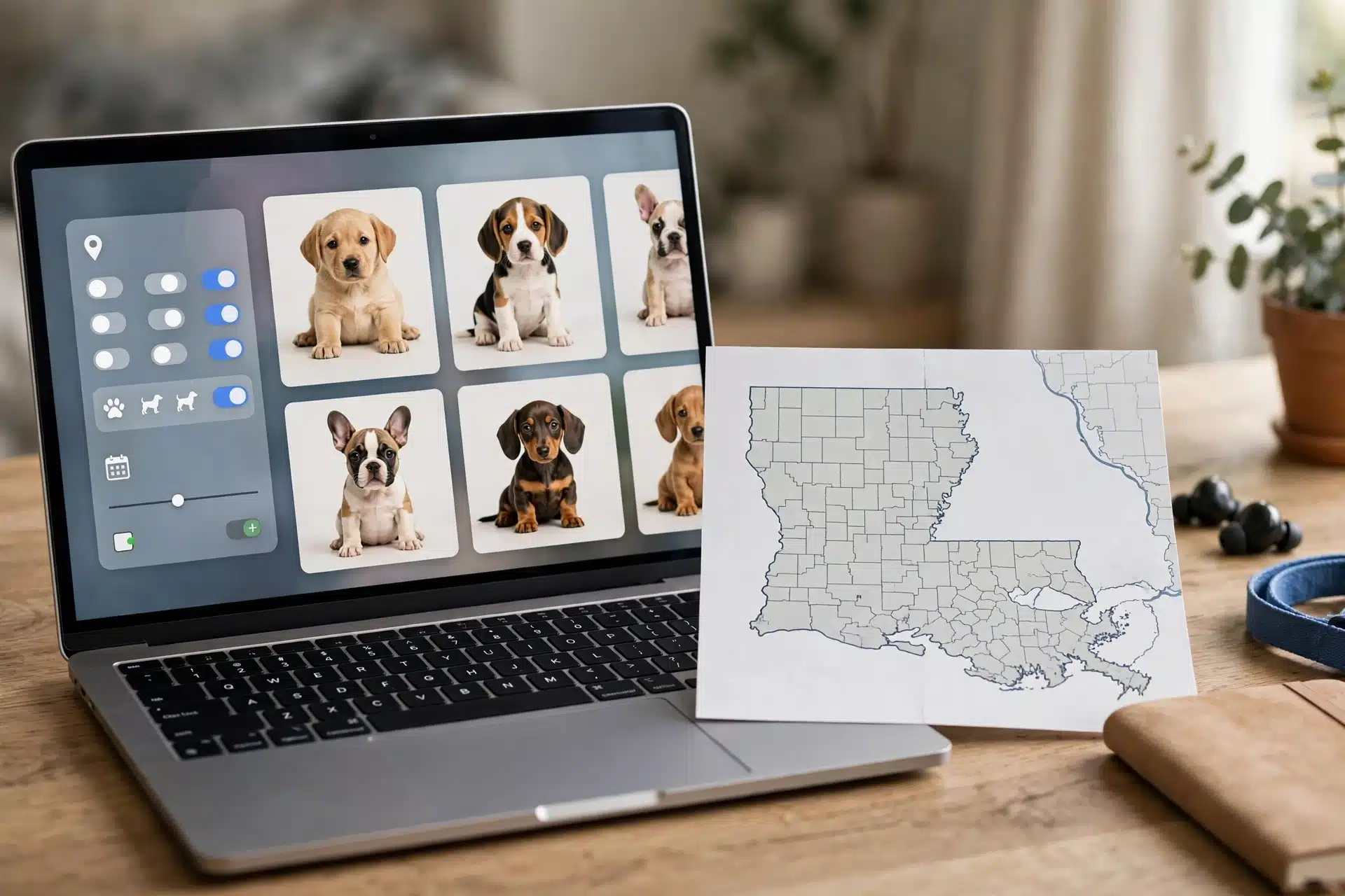 Laptop displaying filtered puppy listings beside Louisiana map