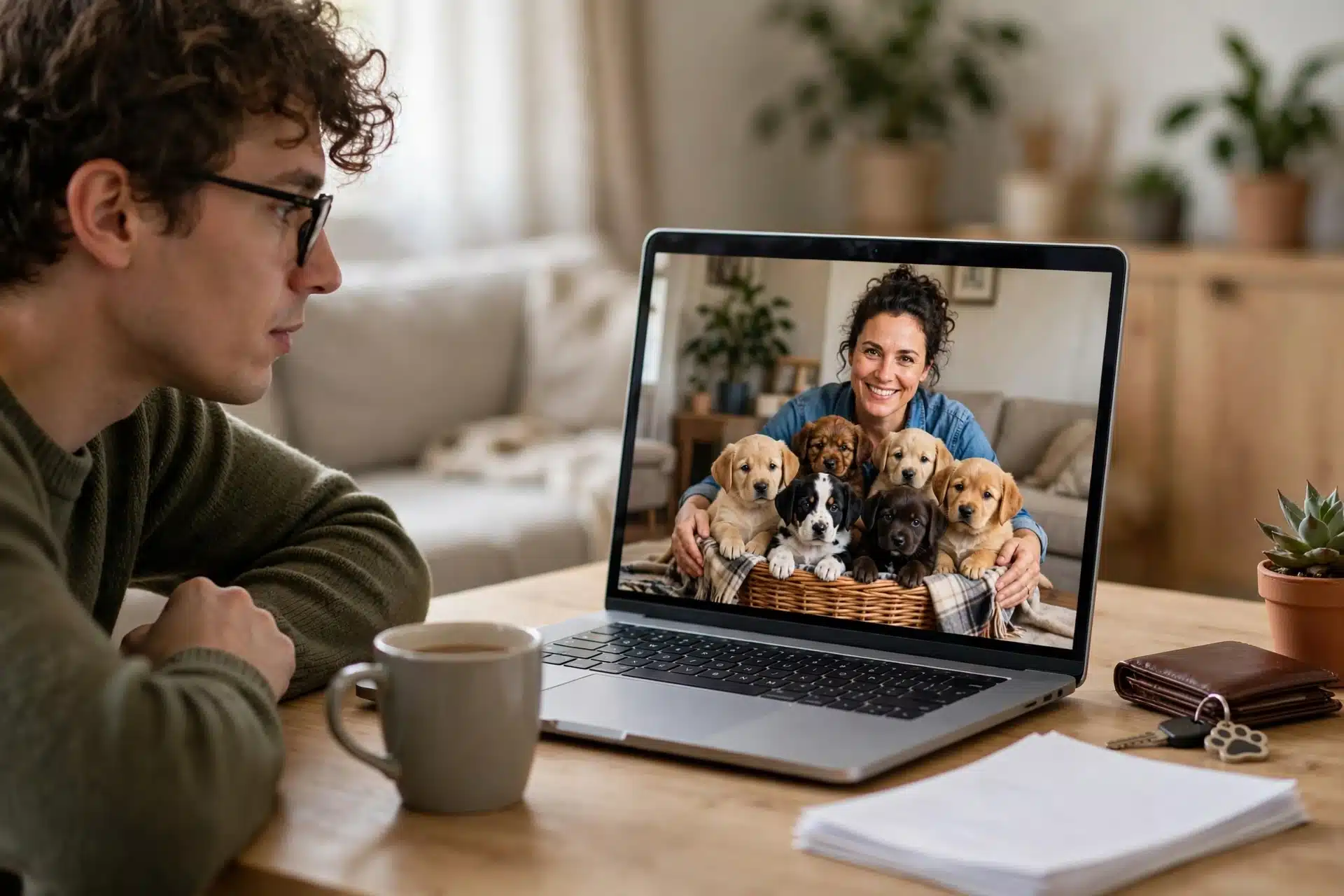 A buyer video-calls a breeder while viewing puppies