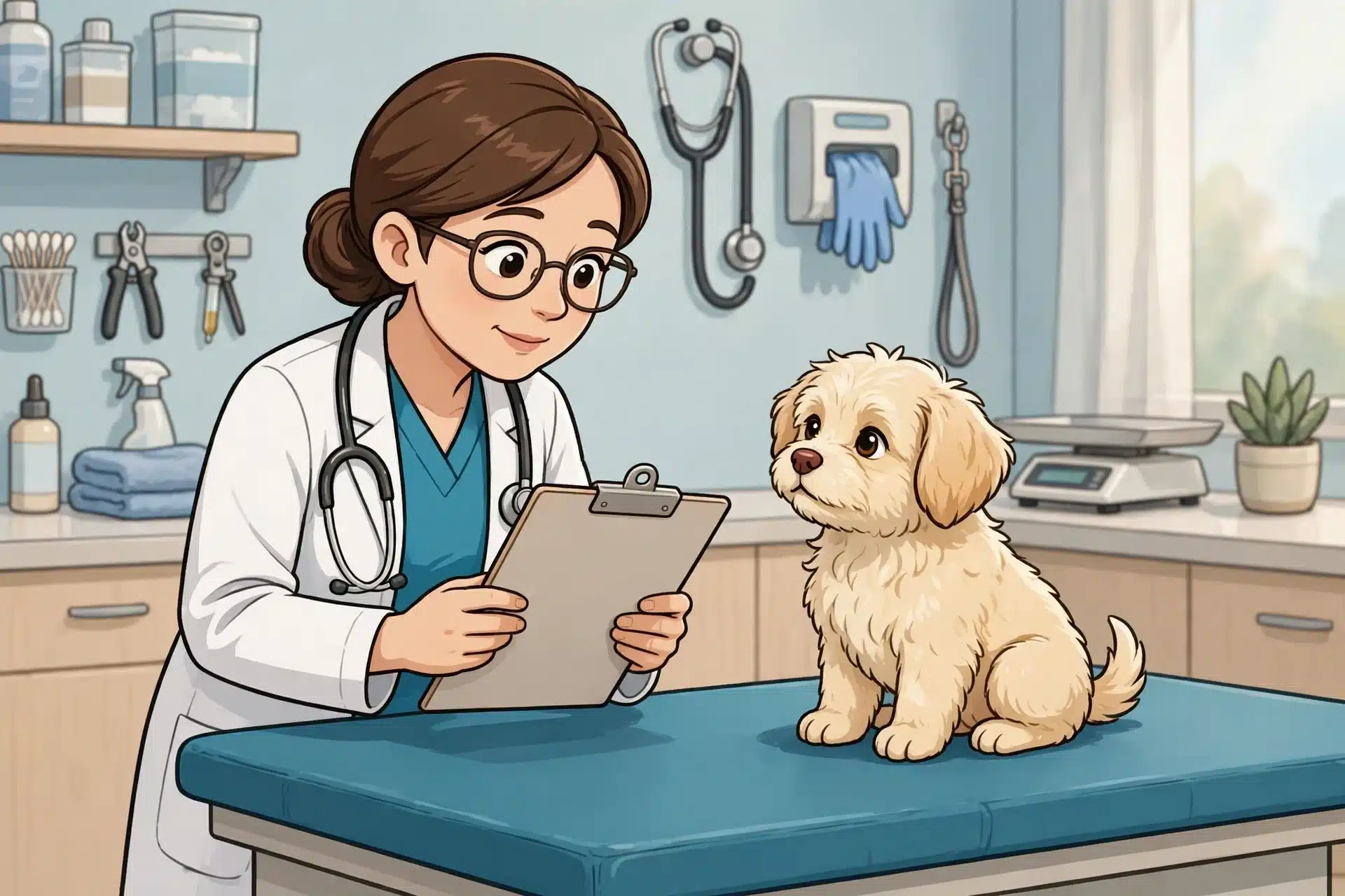 A veterinarian reviews a puppy's vaccination record in a clinic