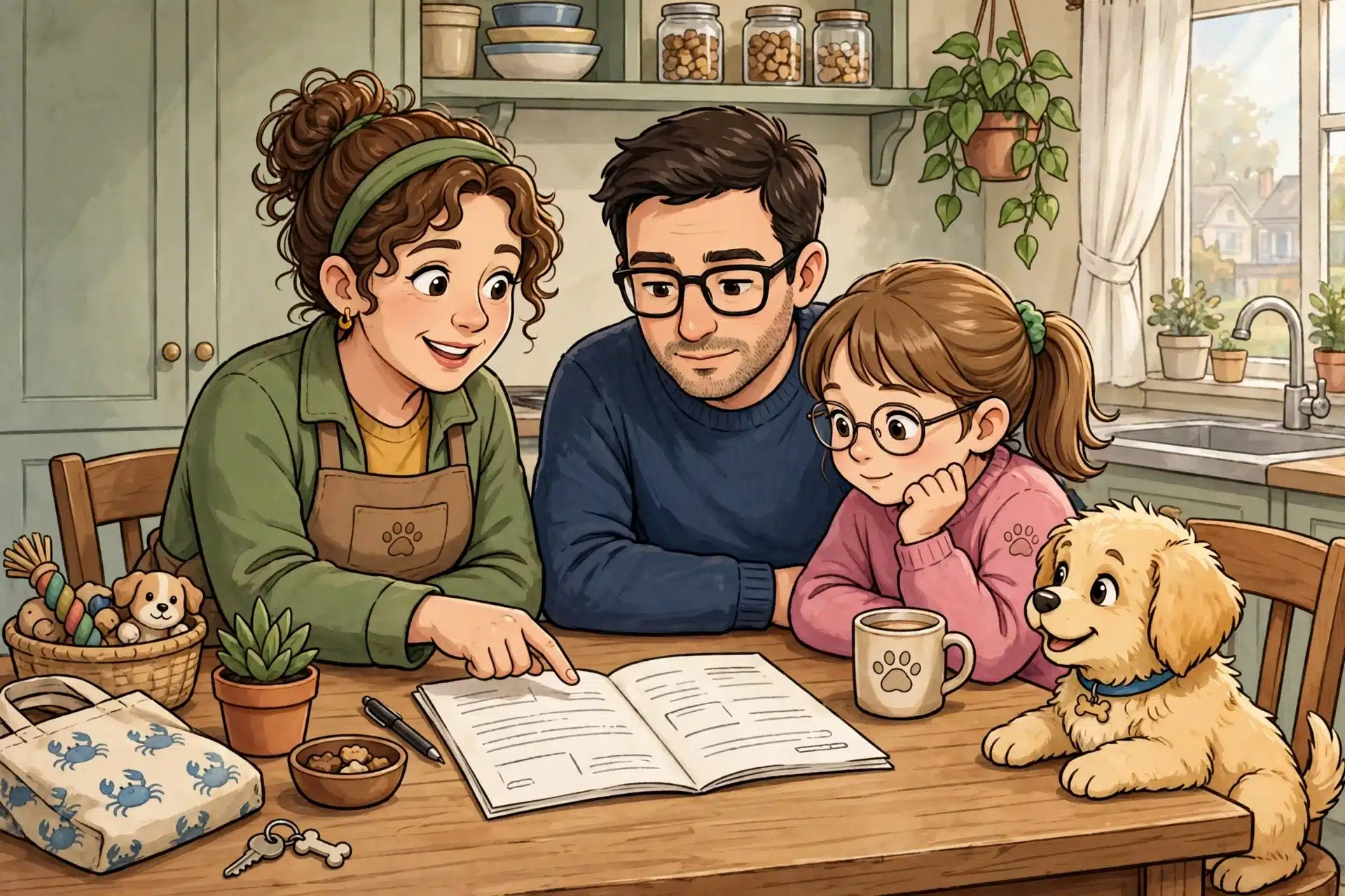 Breeder and family reviewing puppy contract