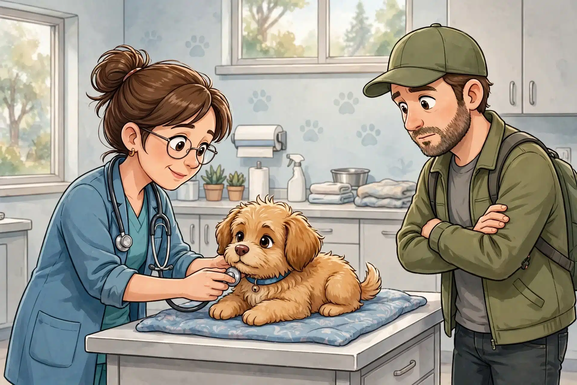 Veterinarian examining fluffy puppy while breeder watches