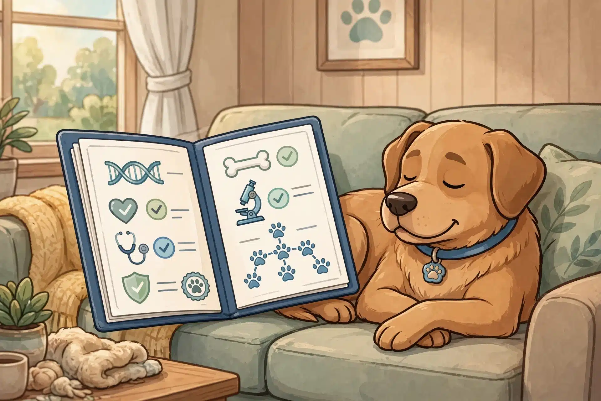 Open folder of health certificates beside relaxed dog