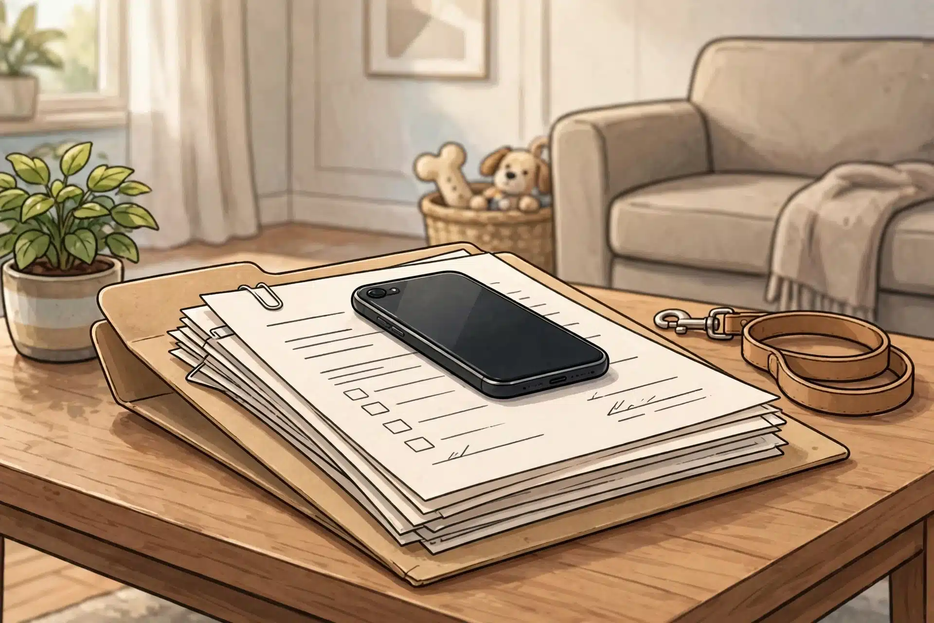 A folder of breeder paperwork on a table with a phone resting on top during a home visit