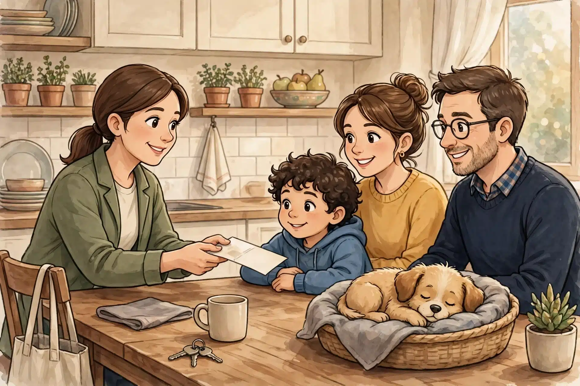 A seller hands a receipt across a kitchen table while a puppy sleeps nearby