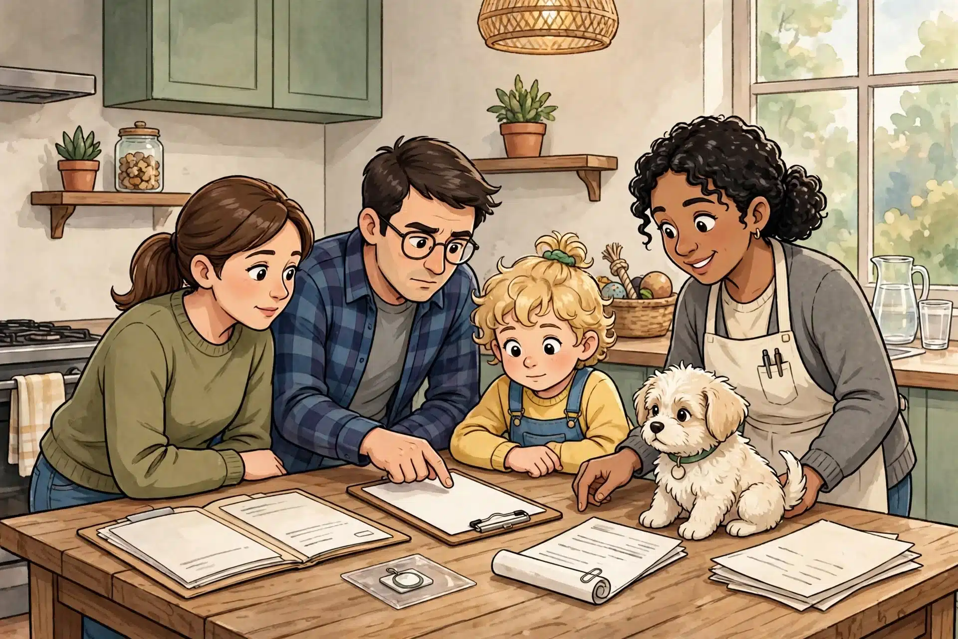 A family reviews puppy papers with a fluffy dog present