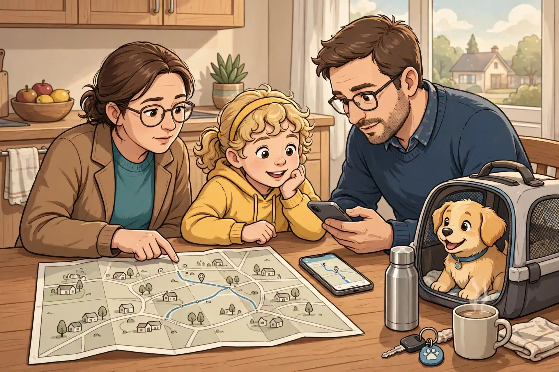 Family comparing map and phone app at table