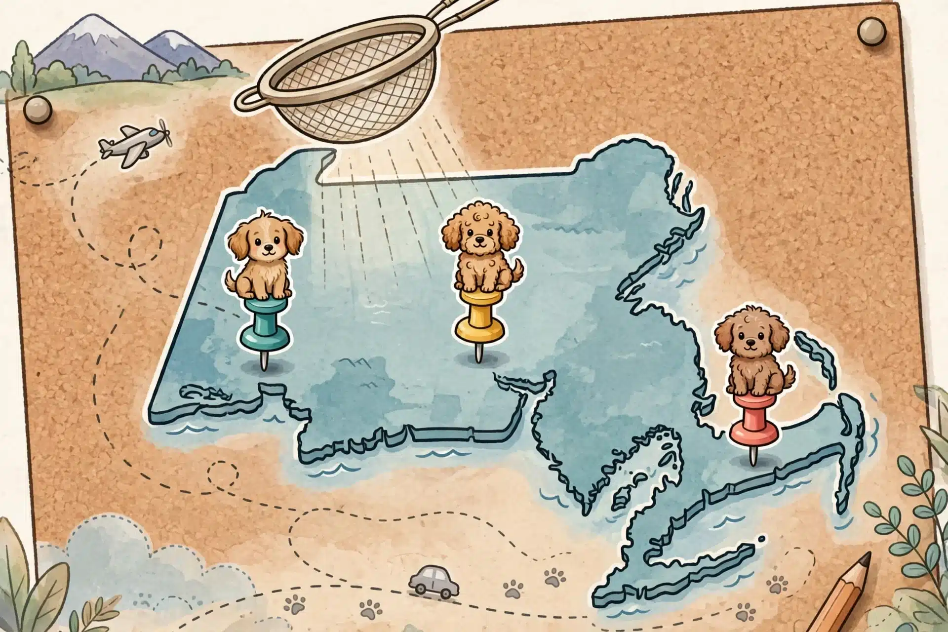 Massachusetts map with three puppy location pins
