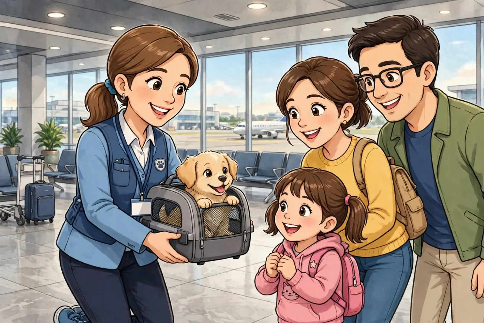 A smiling family greets their new golden retriever puppy at an airport, with a friendly airline employee handing over the pet carrier. This scene evokes the joy of bringing a puppy home, a key consideration when comparing Massachusetts puppy search areas by travel time.