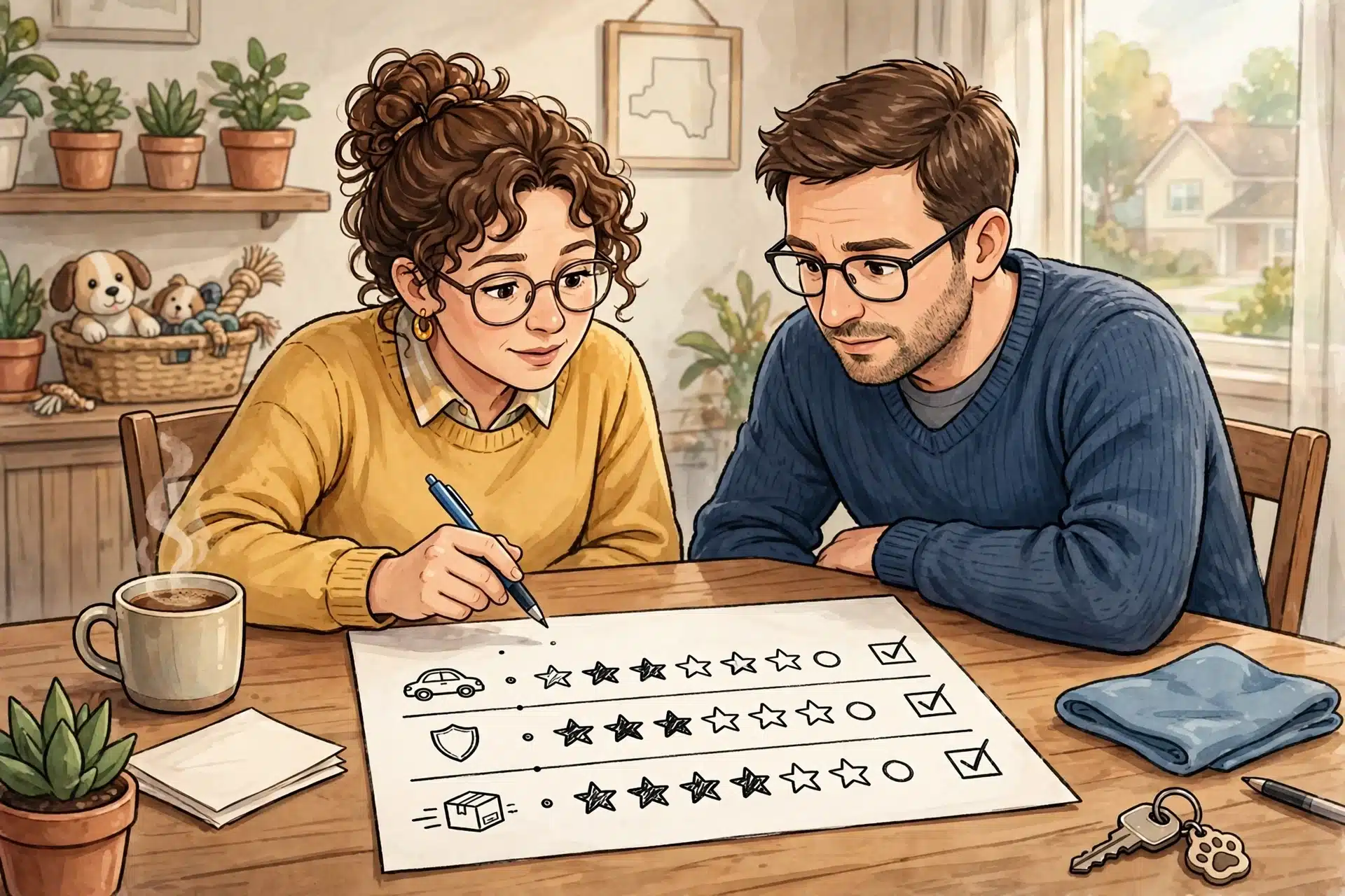 A couple reviewing a handwritten scorecard at a dining table