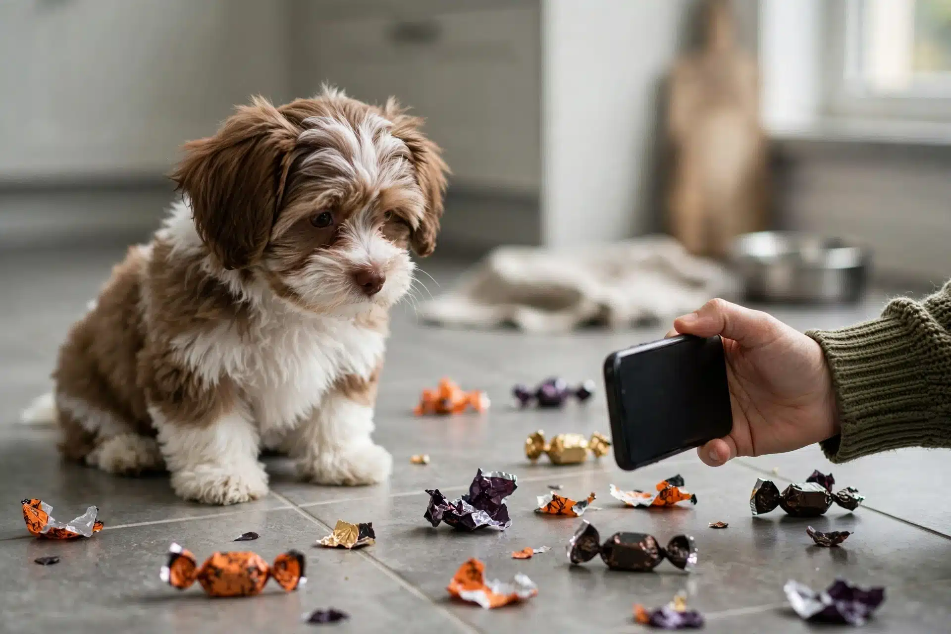 A puppy inspects torn candy wrappers on a kitchen floor while a person photographs the label