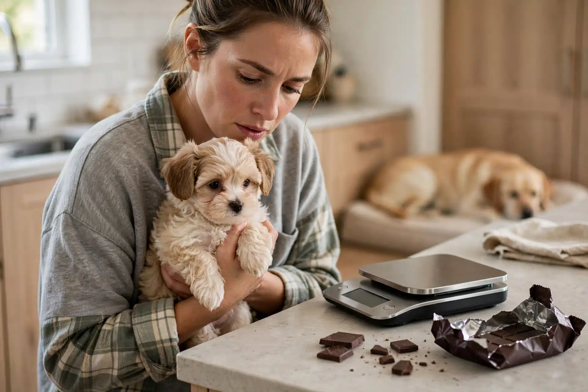 Tiny puppy beside kitchen scale and chocolate wrapper
