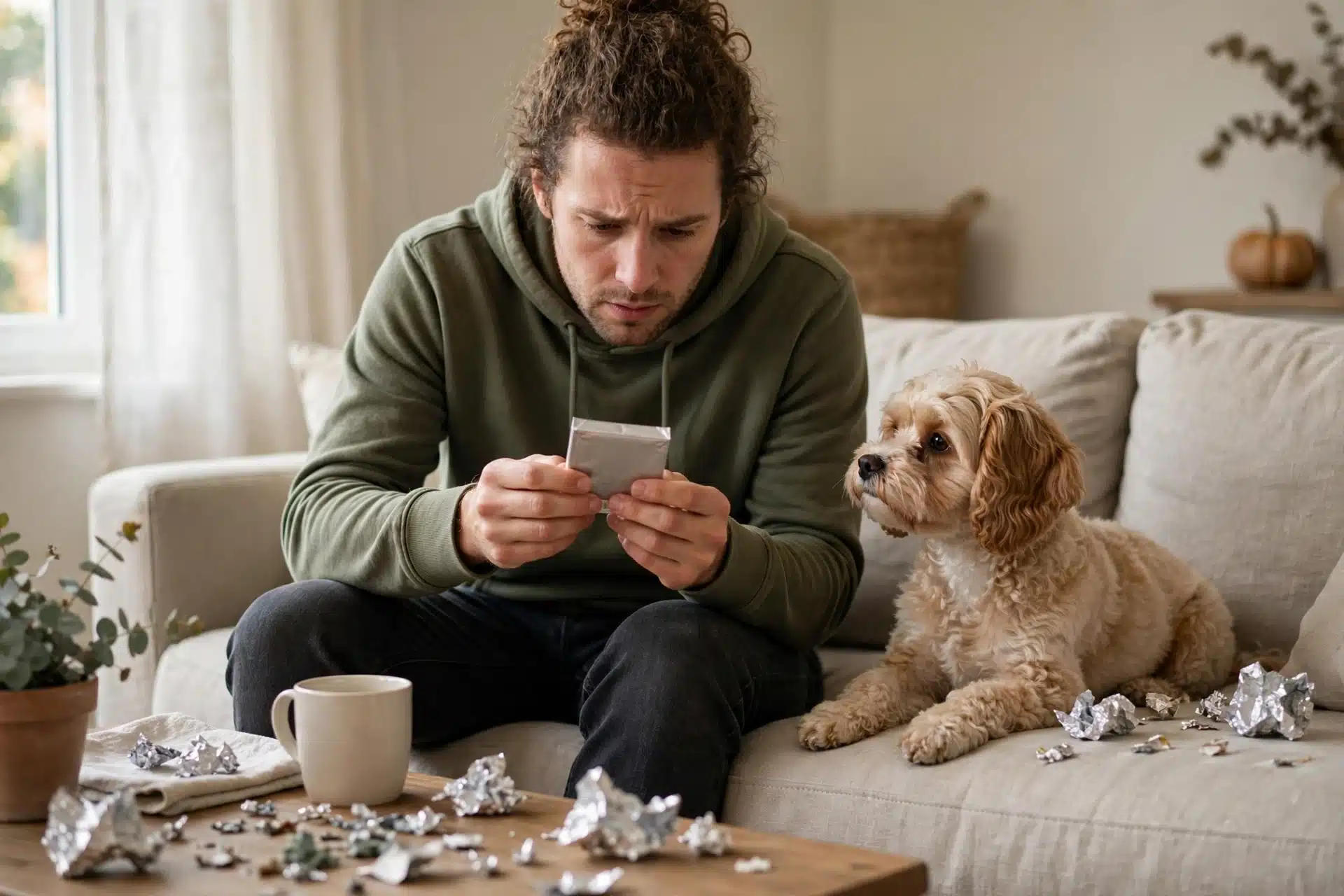 Owner reading gum label while puppy watches