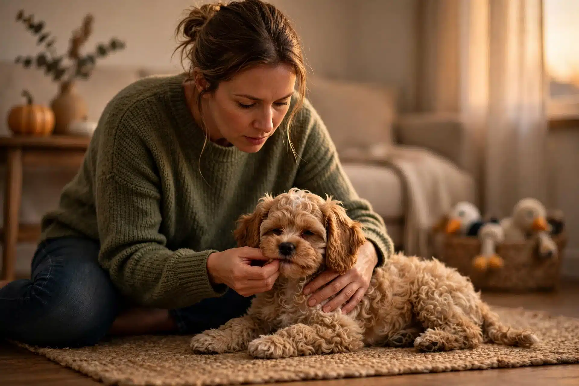 Warm light on owner checking puppy's gums