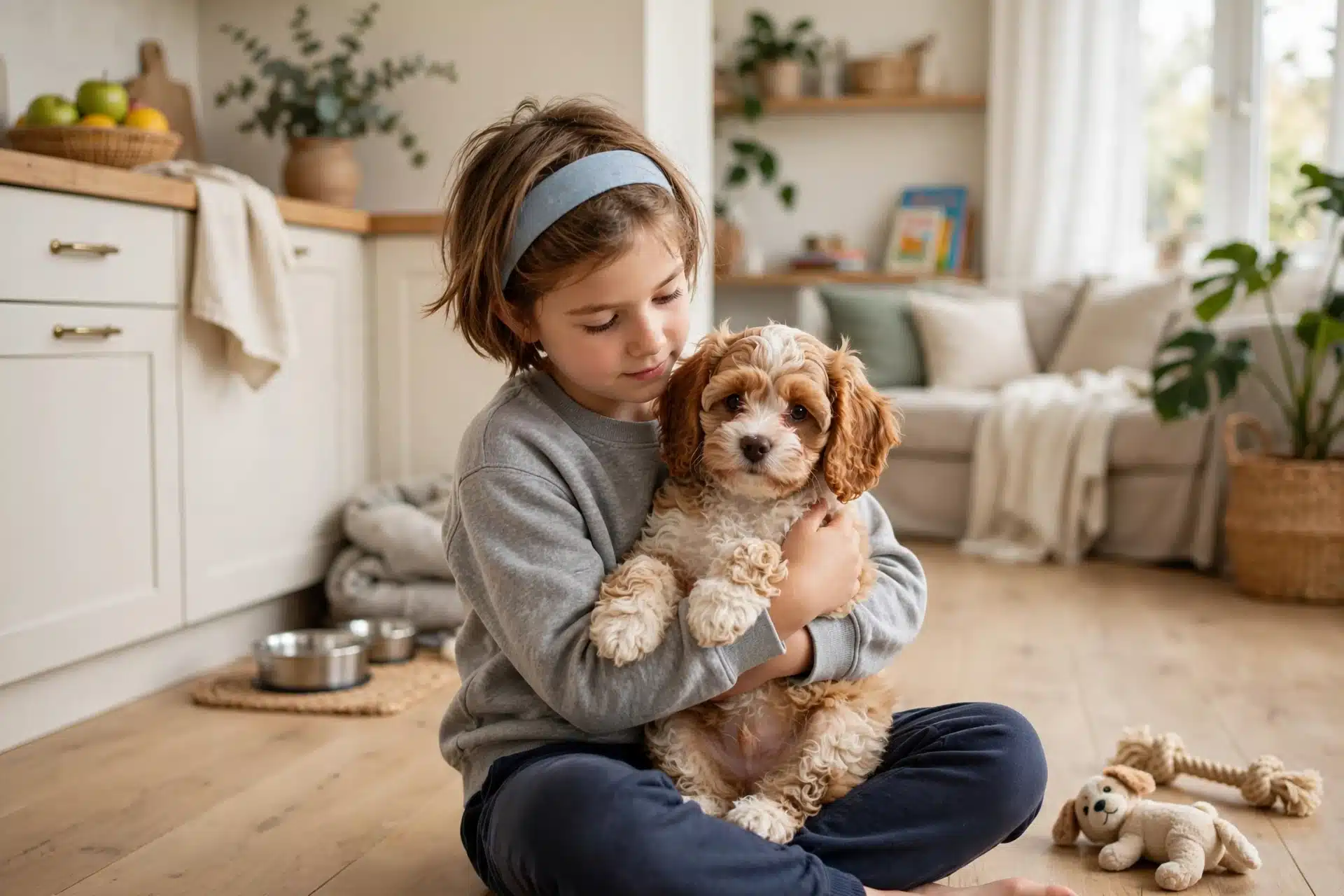 A child gently holding a Cavapoo puppy indoors