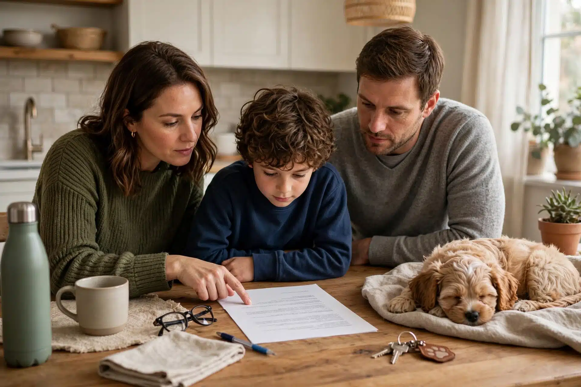 Family reviewing puppy contract at kitchen table