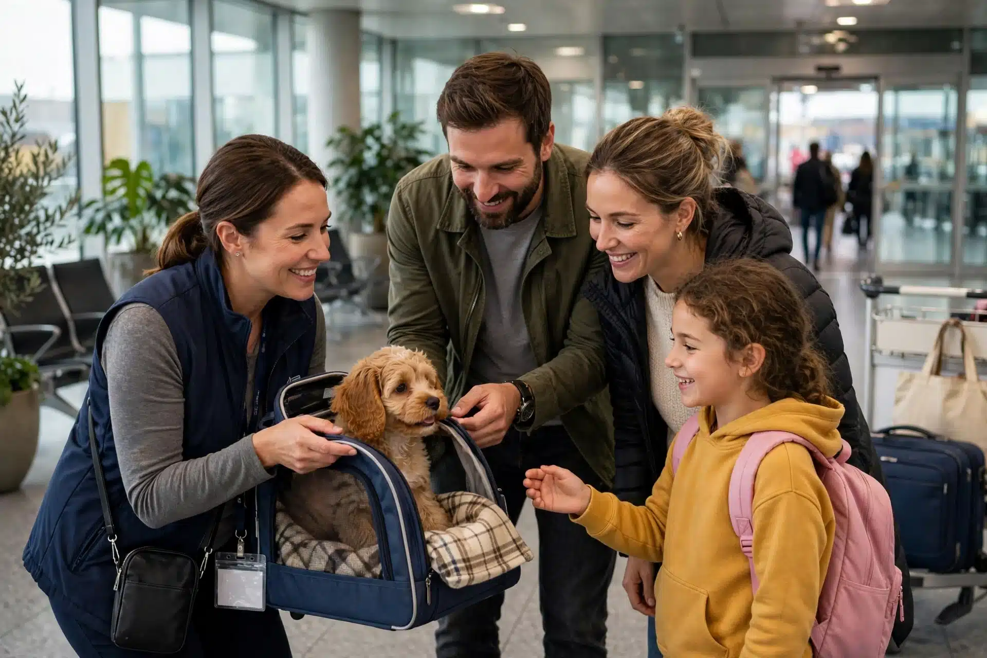 Family greeting puppy and transporter at airport arrivals