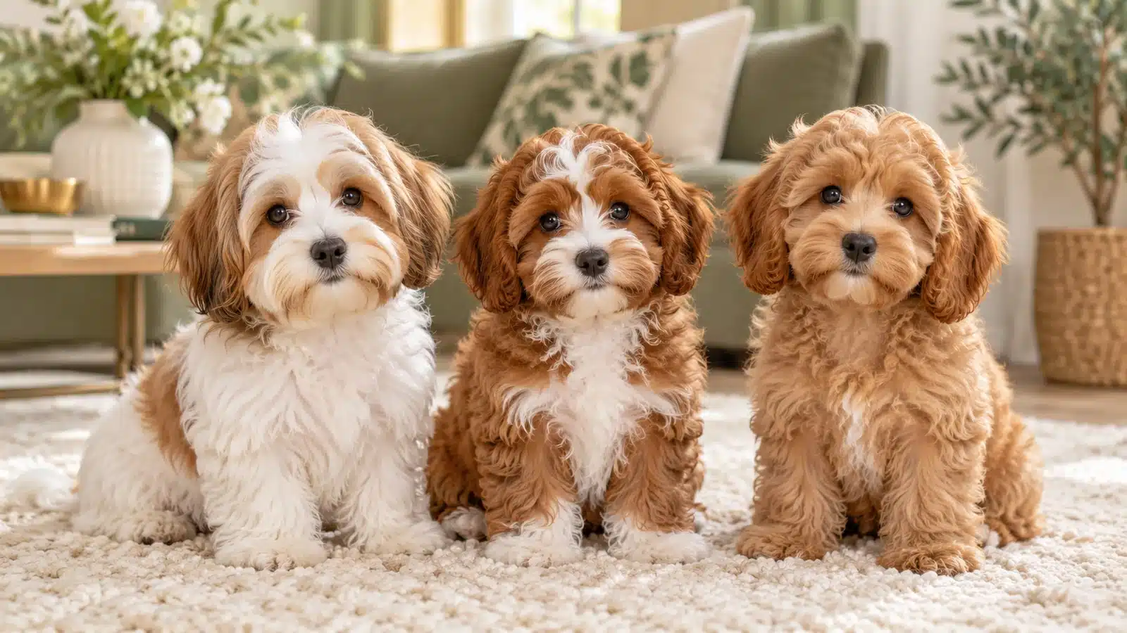 Three small puppies representing Havanese, Havapoo, and Cavapoo sitting together in a family home