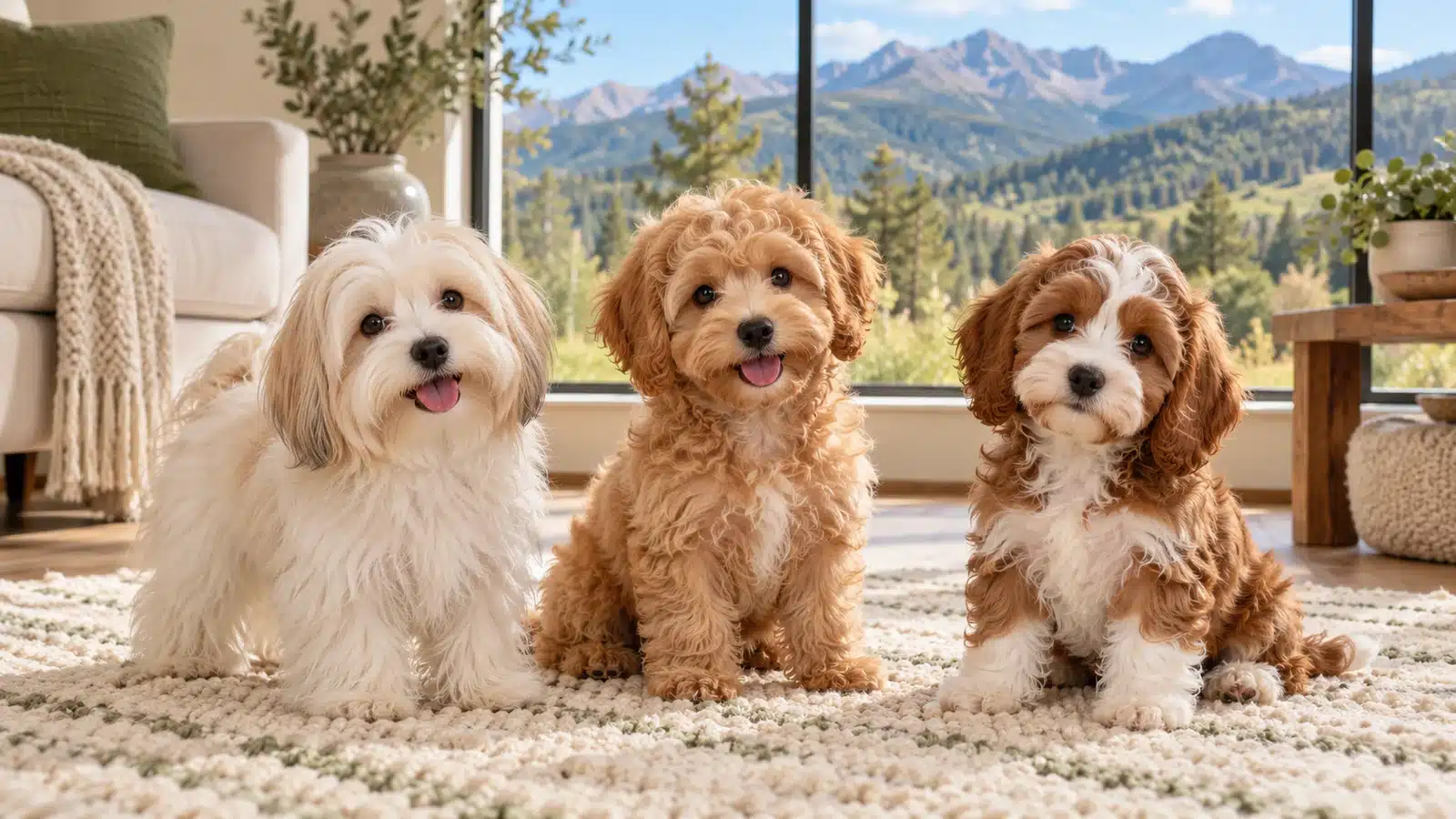 Three small puppies with cream, apricot, and chestnut coats in a bright home with Colorado mountains outside