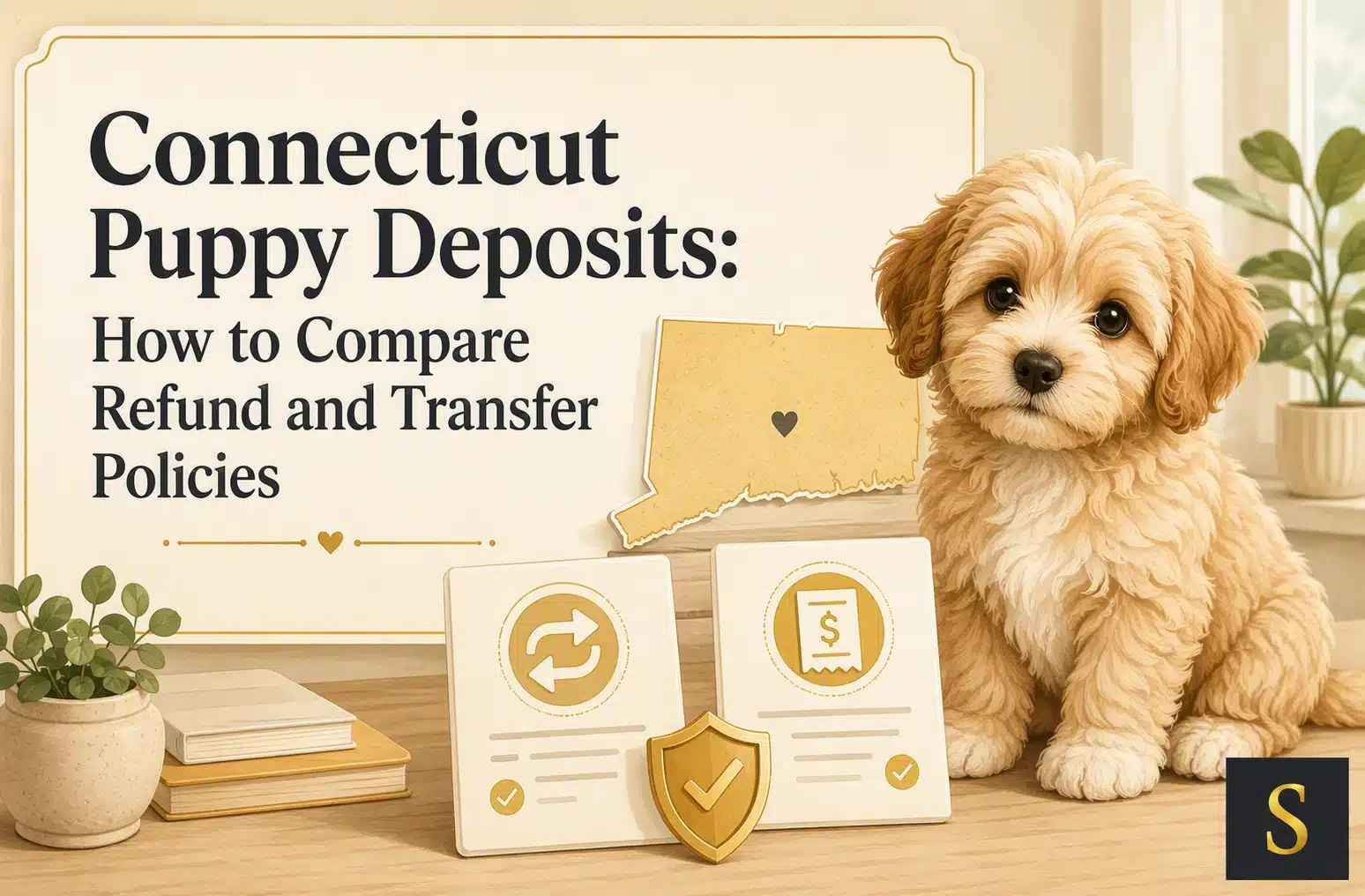 A cute, fluffy golden puppy sits next to a graphic illustrating "Connecticut Puppy Deposits" and comparing refund and transfer policies, with a map of Connecticut in the background. The text "Connecticut Puppy Deposits: How to Compare Refund and Transfer Policies" is prominently displayed.