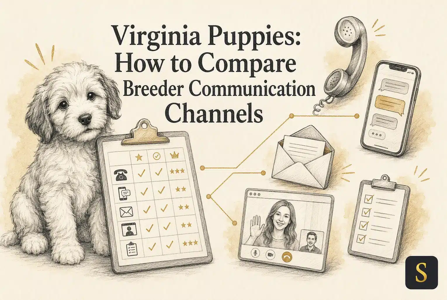 A fluffy white puppy sits next to a clipboard illustrating breeder communication channels, with icons for phone, email, and video calls, alongside vintage and modern communication devices. Blog title: "Virginia Puppies: How to Compare Breeder Communication Channels.