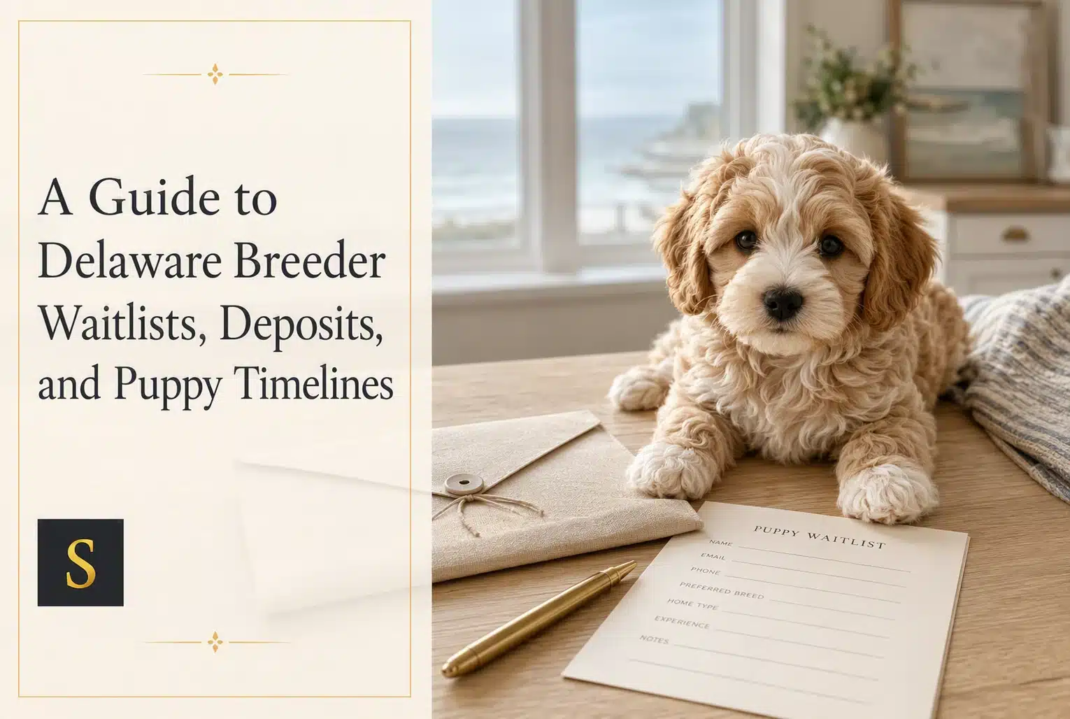 A fluffy, light brown and white puppy lies on a wooden table next to a puppy waitlist form, pen, and envelope, with a bright window and coastal view in the background. The text "A Guide to Delaware Breeder Waitlists, Deposits, and Puppy Timelines" is visible on the left.