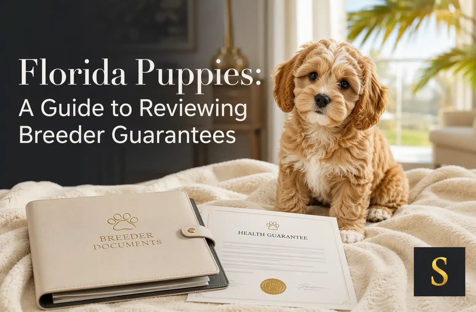 Adorable fluffy cavapoo puppy sits on a cream blanket next to a "Breeder Documents" binder and a "Health Guarantee" certificate, with "Florida Puppies" text overlay.