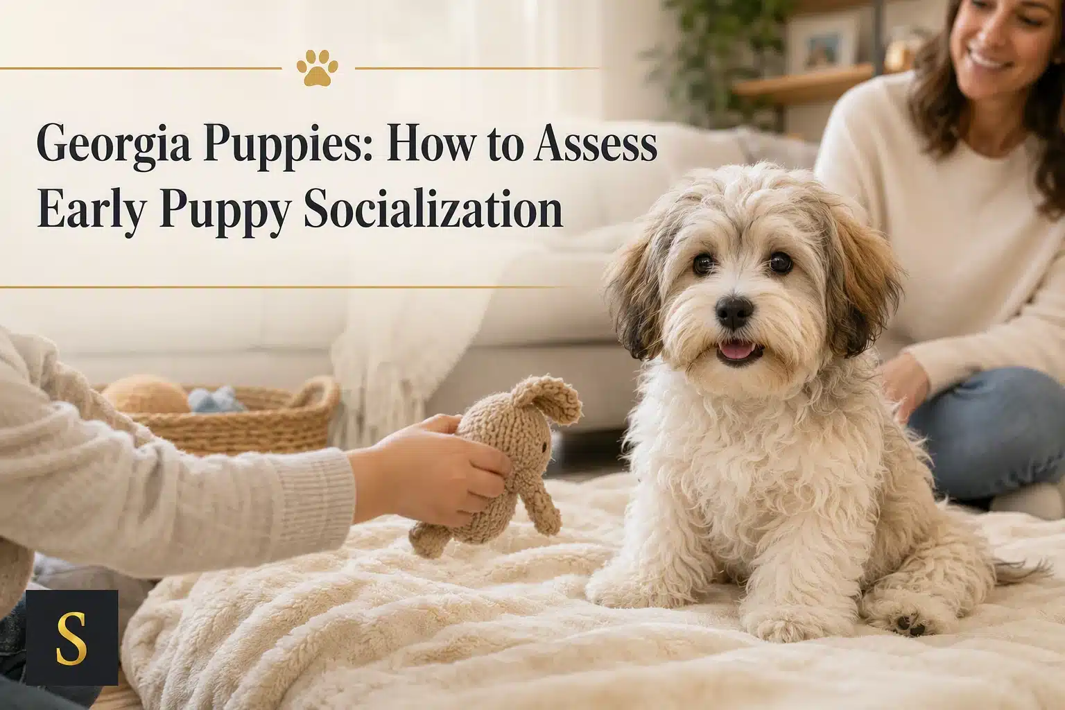 A fluffy white puppy sits on a blanket, looking at the camera, while a person offers it a small stuffed toy. A woman smiles in the background. The image relates to early puppy socialization in Georgia.
