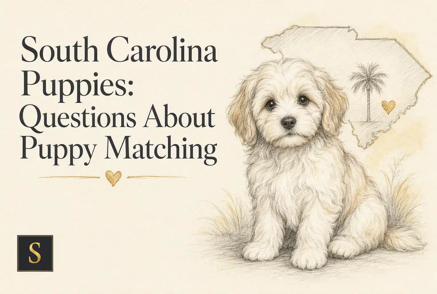 A fluffy, light-colored puppy sits on grass next to a sketch of South Carolina, which includes a palm tree and a heart. The text "South Carolina Puppies: Questions About Puppy Matching" is overlaid on the image.