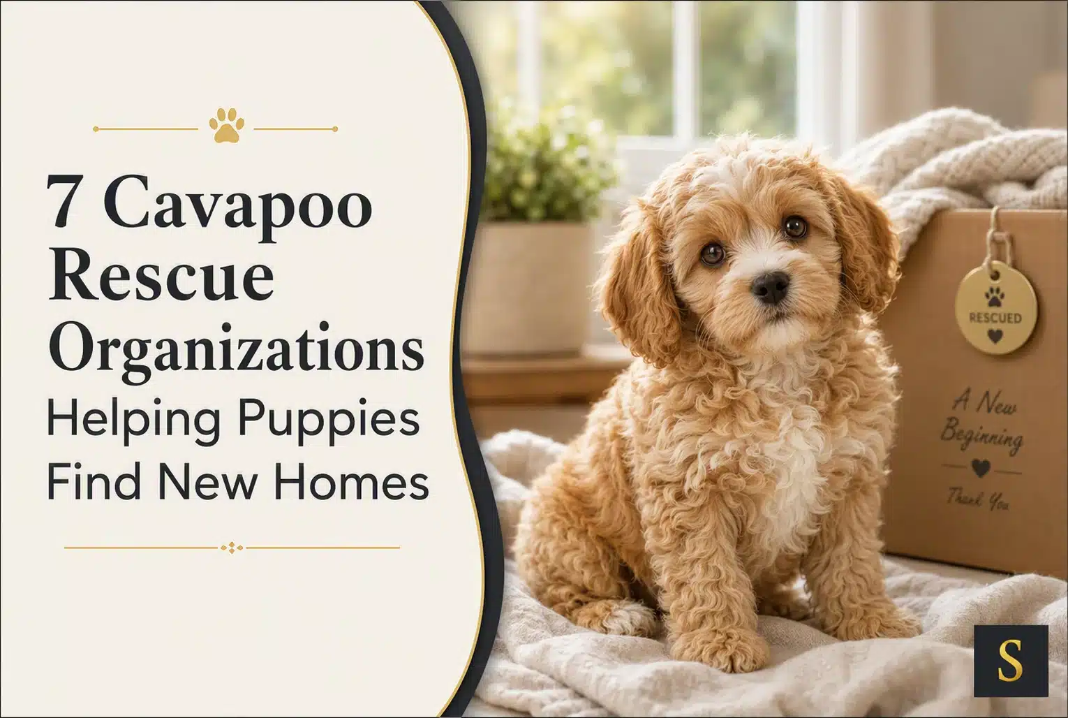 A fluffy, light brown Cavapoo puppy sits on a blanket, looking at the camera. The text "7 Cavapoo Rescue Organizations Helping Puppies Find New Homes" is overlaid on a cream-colored banner to the left.