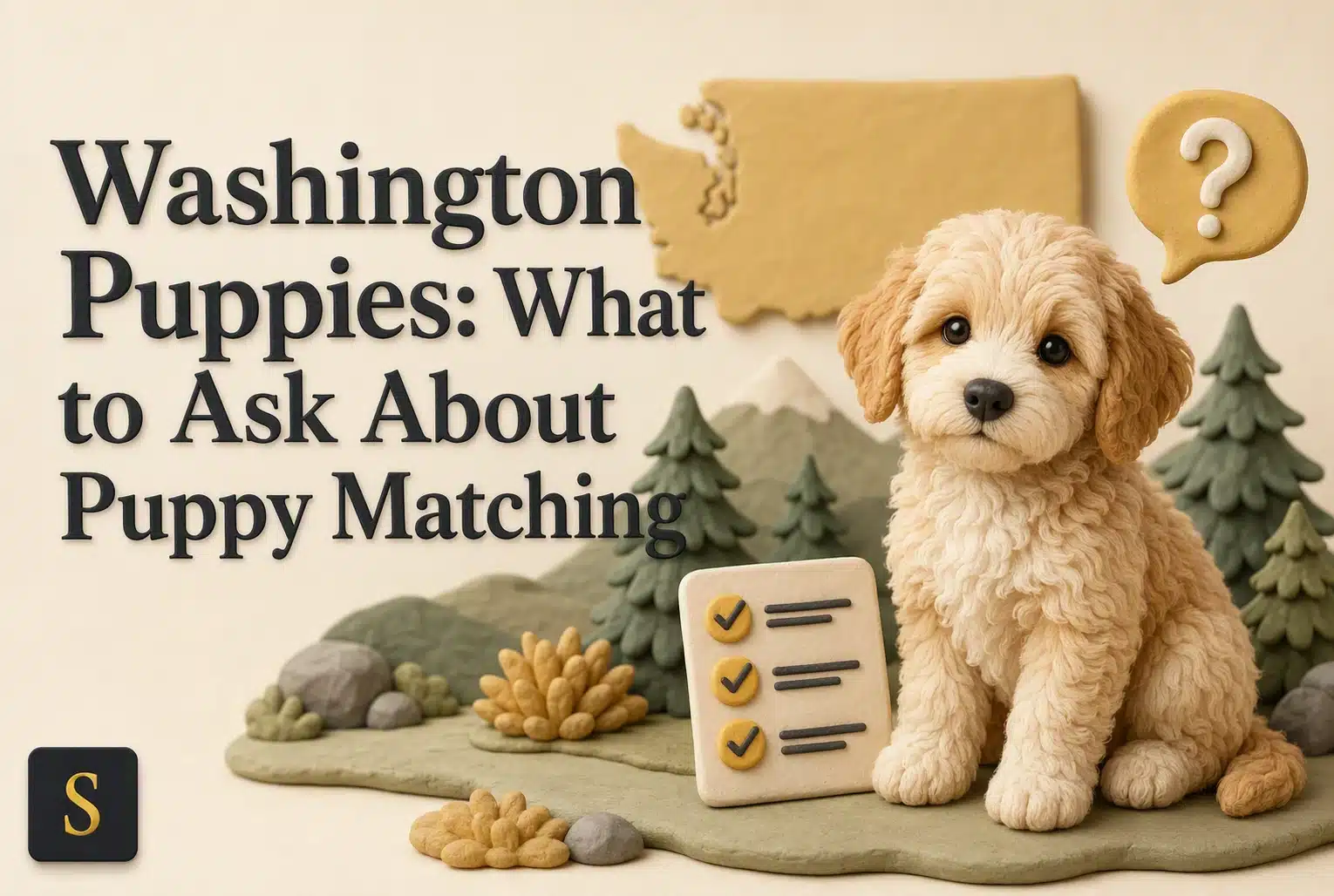 A fluffy, light brown puppy sits next to a checklist with three checkmarks, on a clay diorama depicting Washington state hills, mountains, and pine trees, with the text "Washington Puppies: What to Ask About Puppy Matching" overlaid.