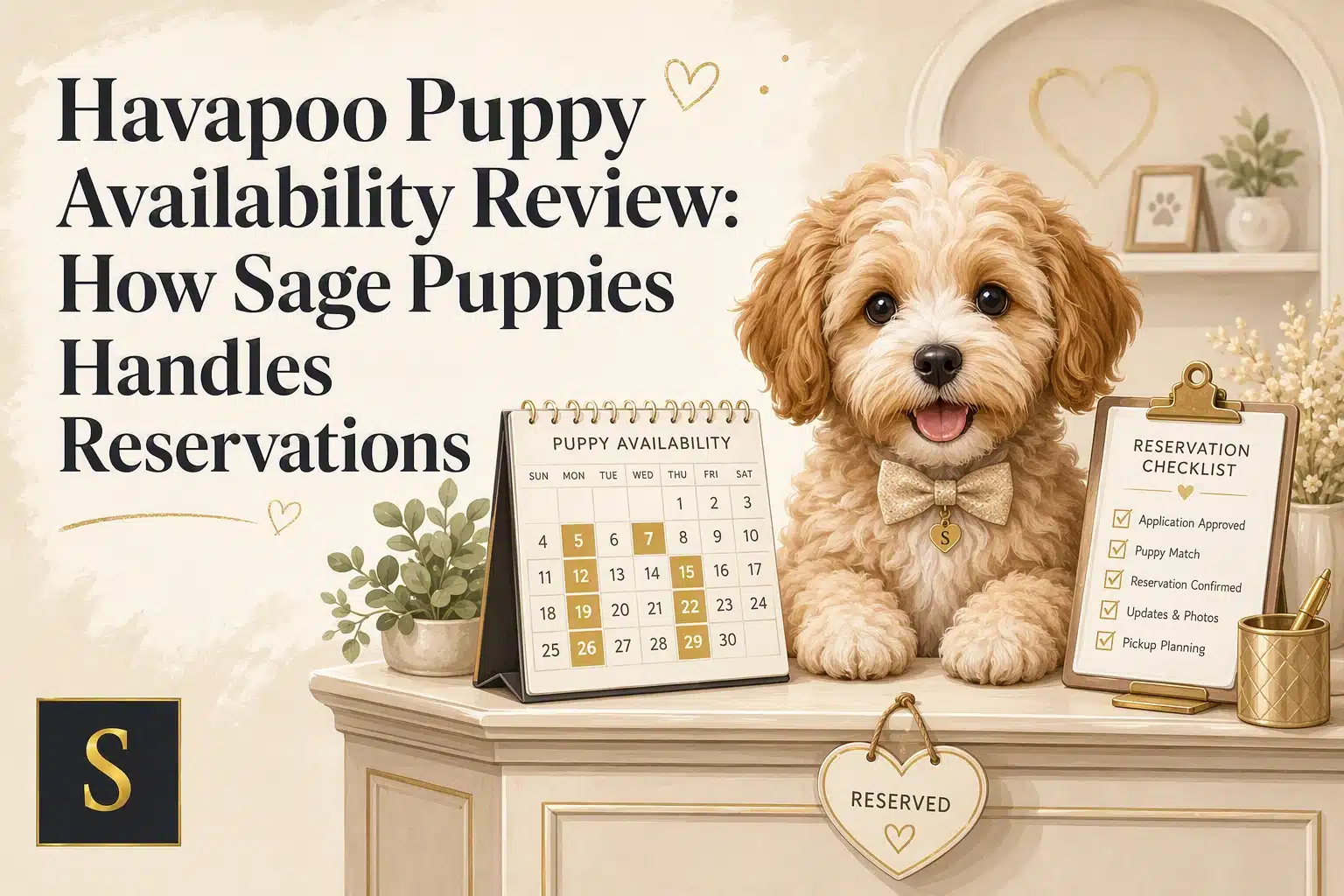 A fluffy Havapoo puppy sits on a desk next to a calendar showing "Puppy Availability" and a "Reservation Checklist." The desk also has a decorative heart with "Reserved" and a pot of greenery.