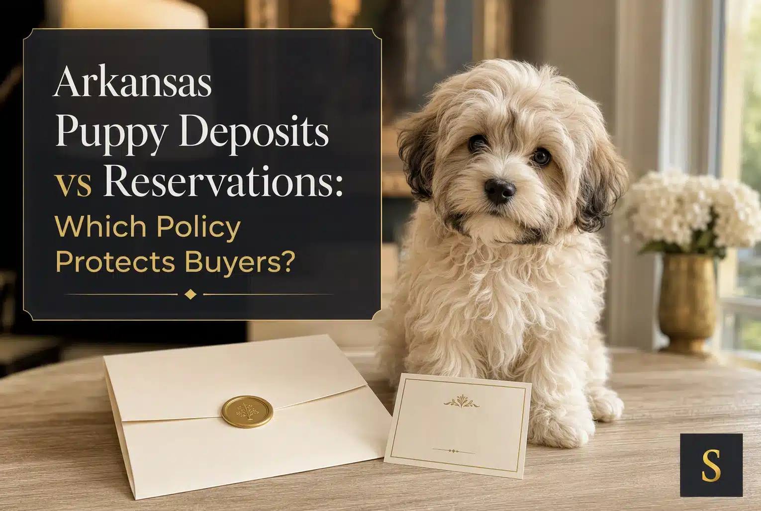 A fluffy white Havanese puppy sits on a wooden table next to an envelope with a gold seal and a small card, with text overlaying the left side of the image: "Arkansas Puppy Deposits vs Reservations: Which Policy Protects Buyers?".