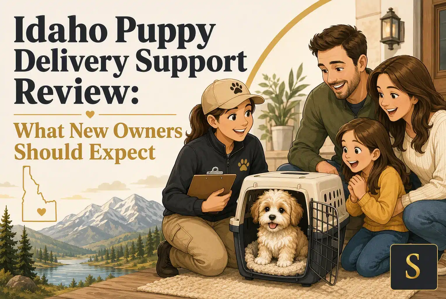 A family happily receives a fluffy white puppy from a delivery support specialist in Idaho, with mountains in the background.