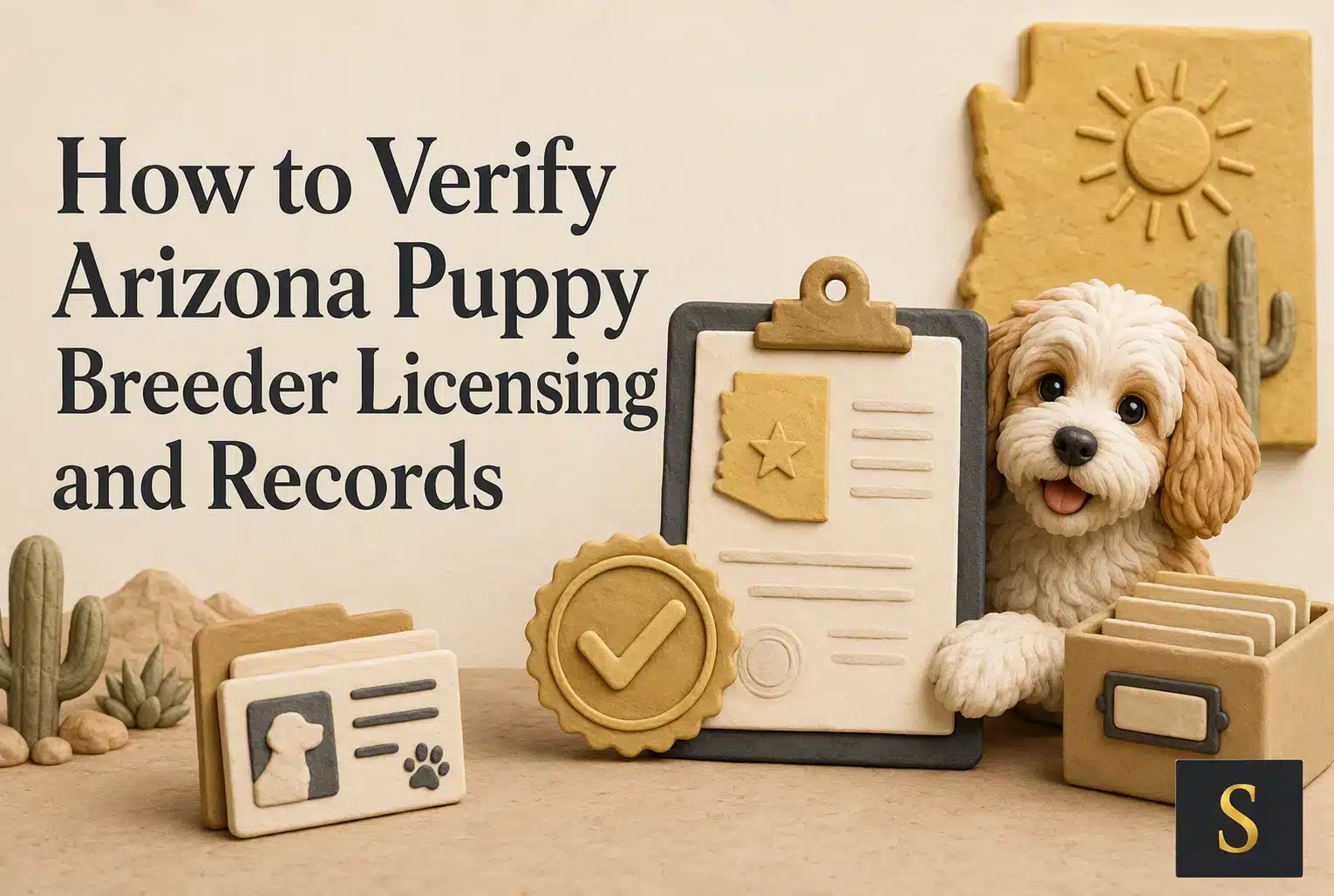 Claymation scene illustrating how to verify Arizona puppy breeder licensing and records: a clipboard with an Arizona shape, a happy puppy, a file box, and a seal of approval. Text on image: "How to Verify Arizona Puppy Breeder Licensing and Records.