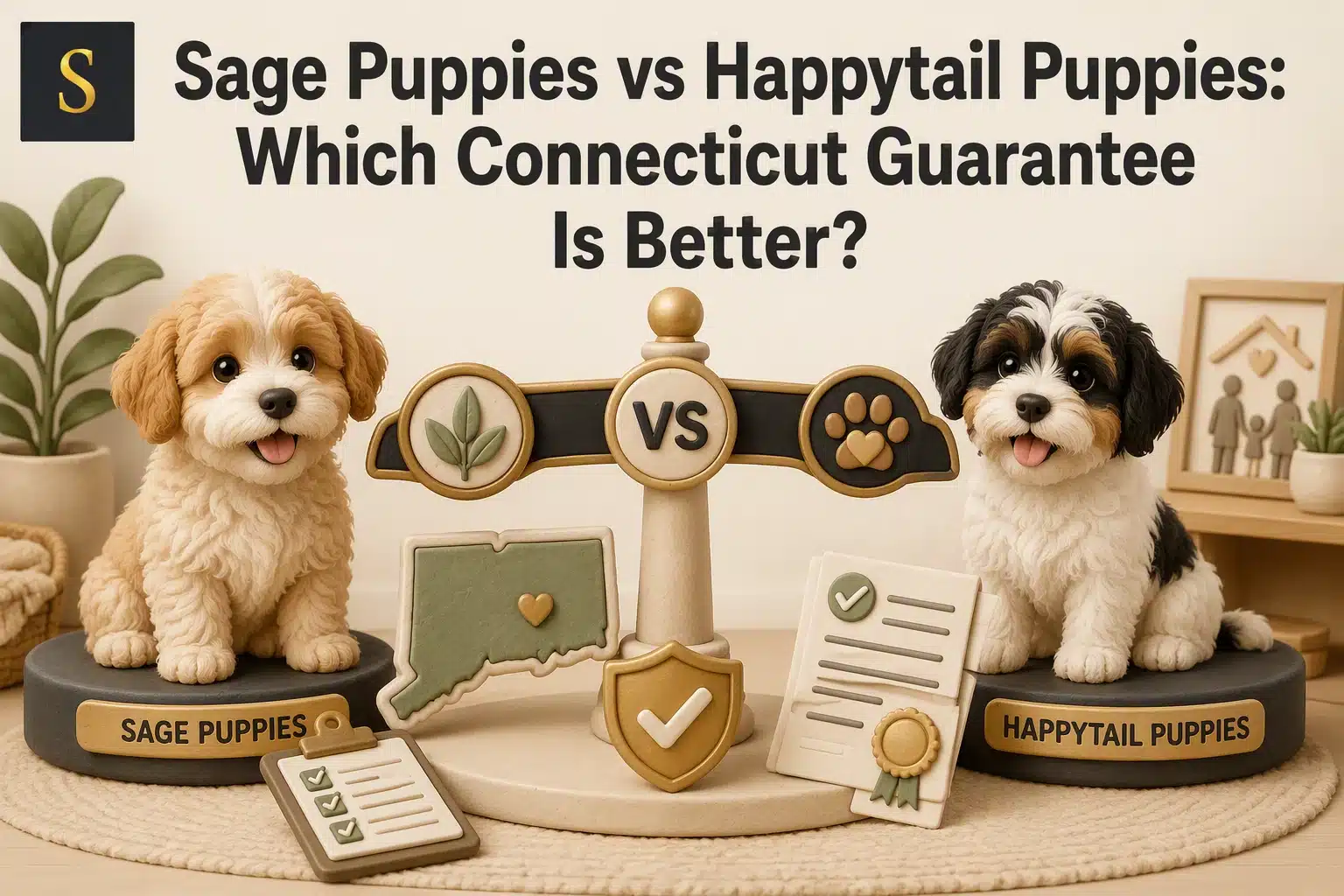 Sage Puppies vs Happytail Puppies: A comparison of two fluffy puppies, one tan and white, the other black and white, in a studio setting with a scale weighing "VS" and Connecticut shapes. Text overlays discuss which Connecticut guarantee is better.