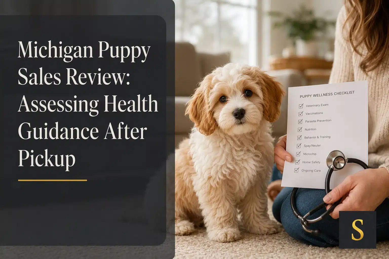 A fluffy, light brown and white Cavapoo puppy sits on a rug next to a woman holding a "Puppy Wellness Checklist" and a stethoscope. The text "Michigan Puppy Sales Review: Assessing Health Guidance After Pickup" is overlaid on a dark background to the left.