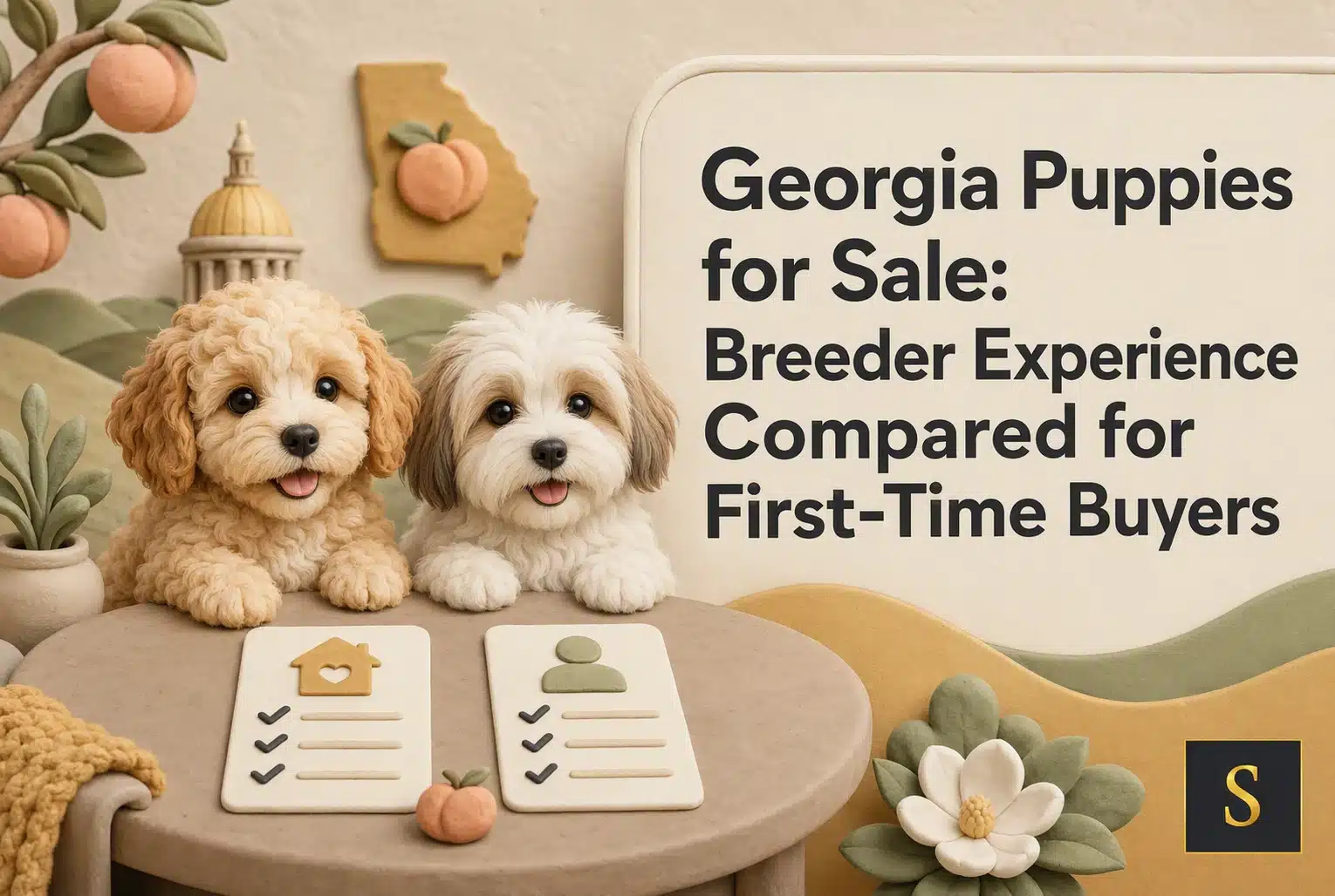 Two adorable, fluffy puppies, one light brown and one white with brown ears, lie on a table in front of checklists. Text reads "Georgia Puppies for Sale: Breeder Experience Compared for First-Time Buyers.