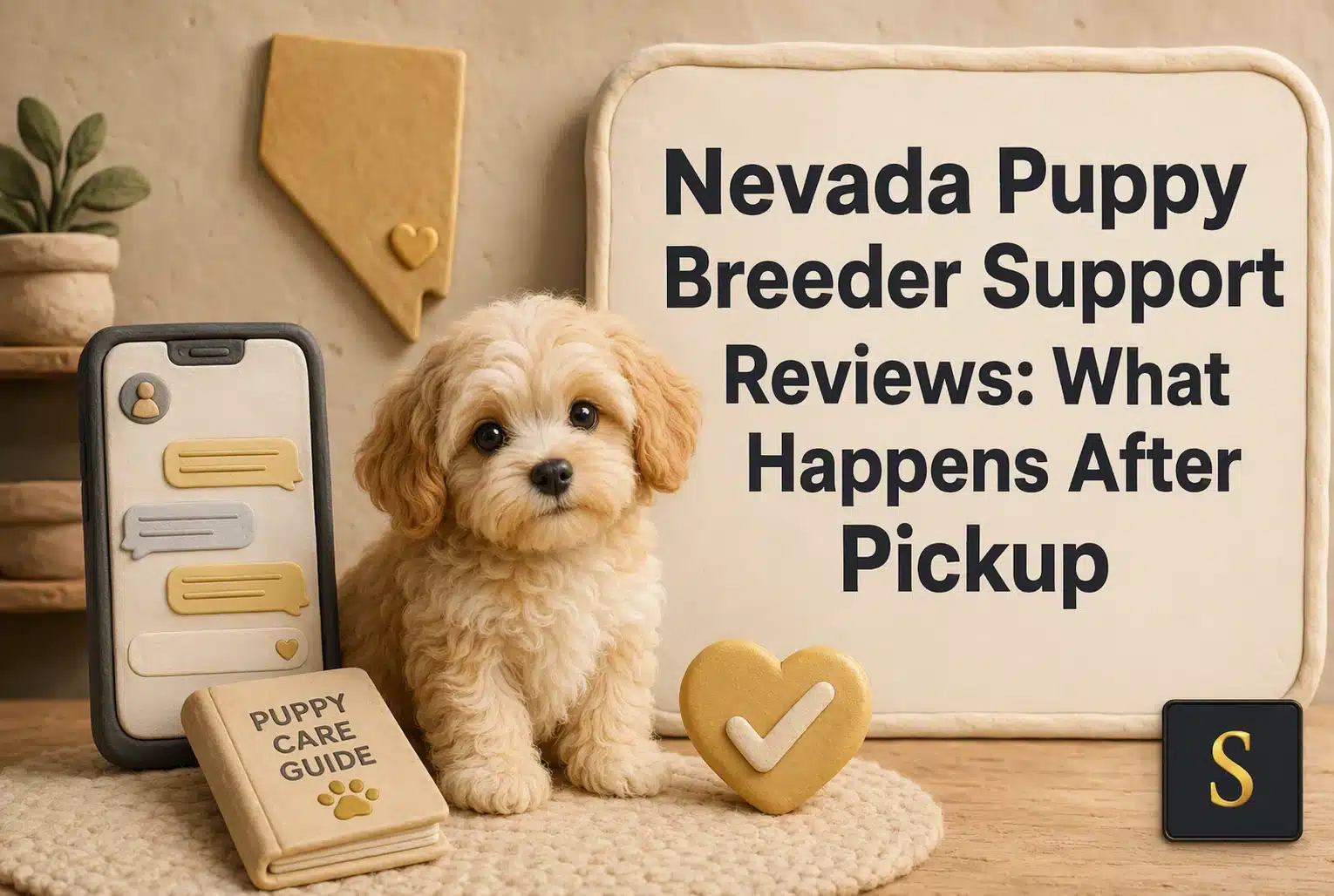 A fluffy light-brown puppy sits next to a smartphone displaying text messages, a "Puppy Care Guide" book, and a Nevada-shaped decoration. The text "Nevada Puppy Breeder Support Reviews: What Happens After Pickup" is visible on a whiteboard.