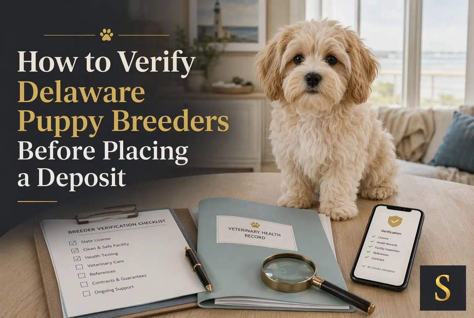 A fluffy, light-colored puppy sits on a wooden table next to a "Breeder Verification Checklist," a "Veterinary Health Record," and a smartphone displaying a "Verification" screen. Text overlays read "How to Verify Delaware Puppy Breeders Before Placing a Deposit.