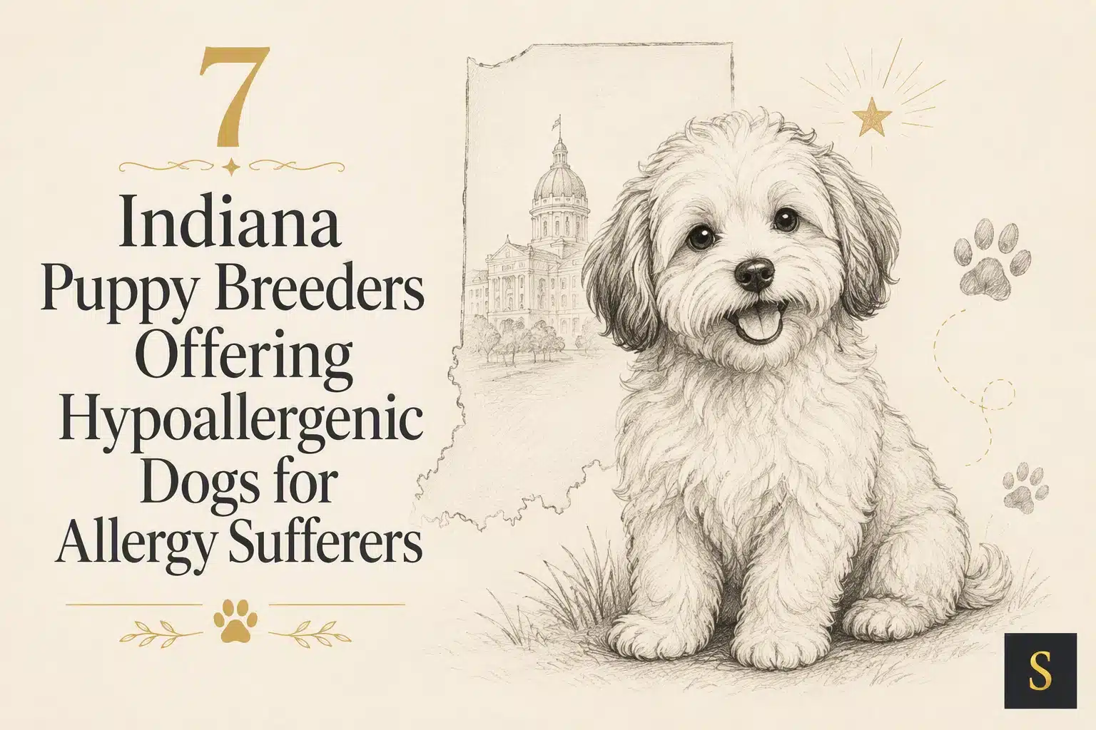 Illustration for "7 Indiana Puppy Breeders Offering Hypoallergenic Dogs for Allergy Sufferers" features a cute, fluffy white puppy sitting happily in front of a sketch of the Indiana state outline and the Indiana State Capitol building.