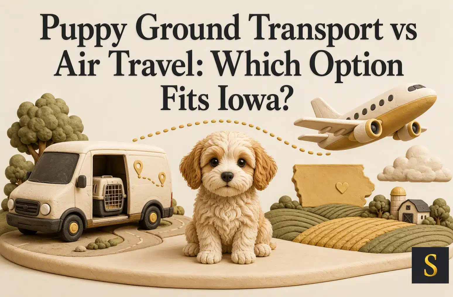 A fluffy puppy sits between a puppy transport van and an airplane, with an Iowa map in the background, illustrating puppy ground transport vs. air travel options.