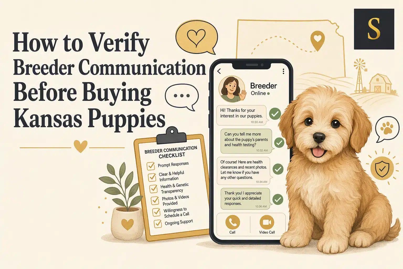 Illustration for "How to Verify Breeder Communication Before Buying Kansas Puppies" blog: A cute golden doodle puppy sits next to a smartphone displaying a breeder chat, a checklist, and a map of Kansas.
