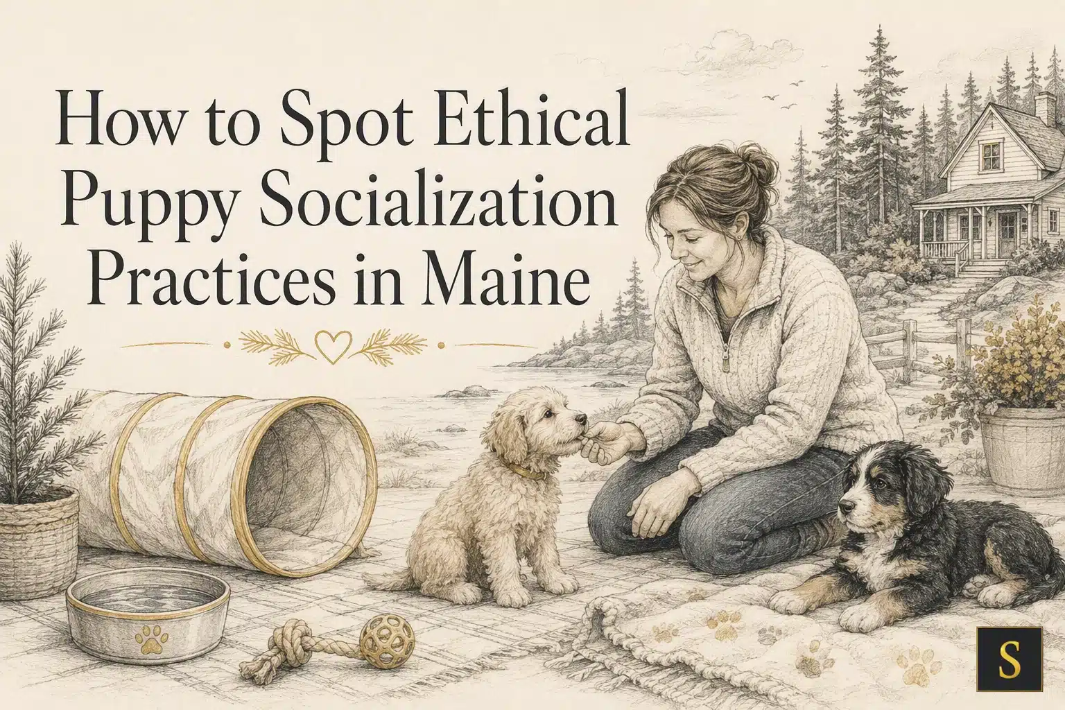 A woman kneels on a blanket, interacting with two adorable puppies, a fluffy goldendoodle and a bernese mountain dog puppy, in a scenic Maine setting. The scene includes a puppy tunnel and toys, illustrating ethical puppy socialization practices.