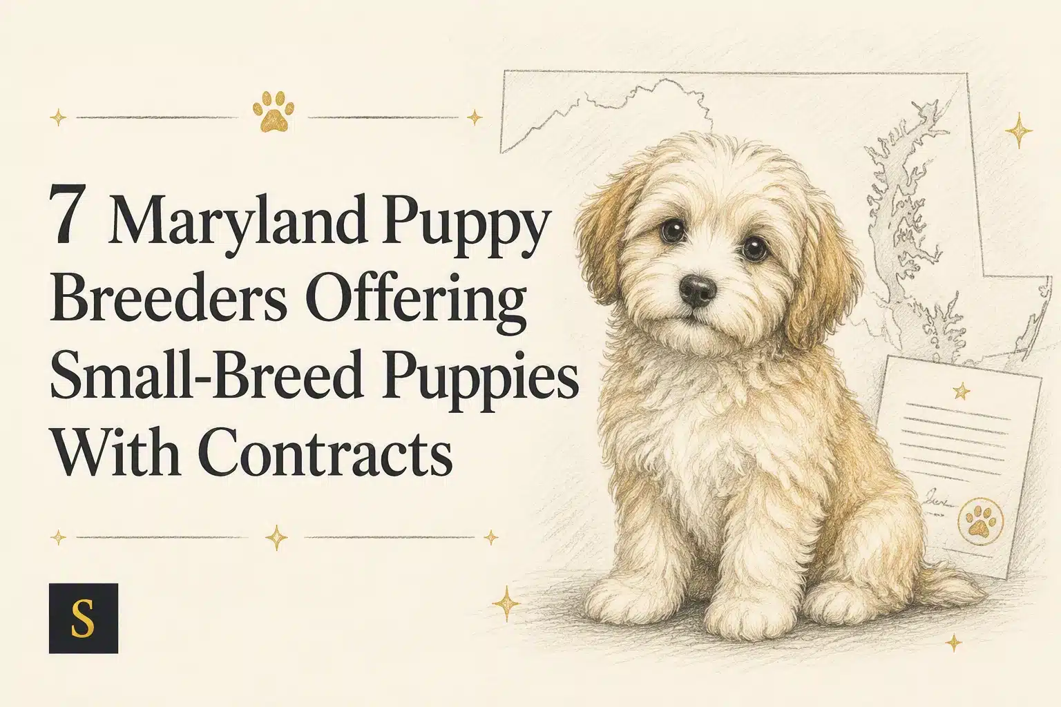 Illustration of a cute, fluffy light-brown puppy sitting next to a sketch of Maryland, with text overlay "7 Maryland Puppy Breeders Offering Small-Breed Puppies With Contracts.