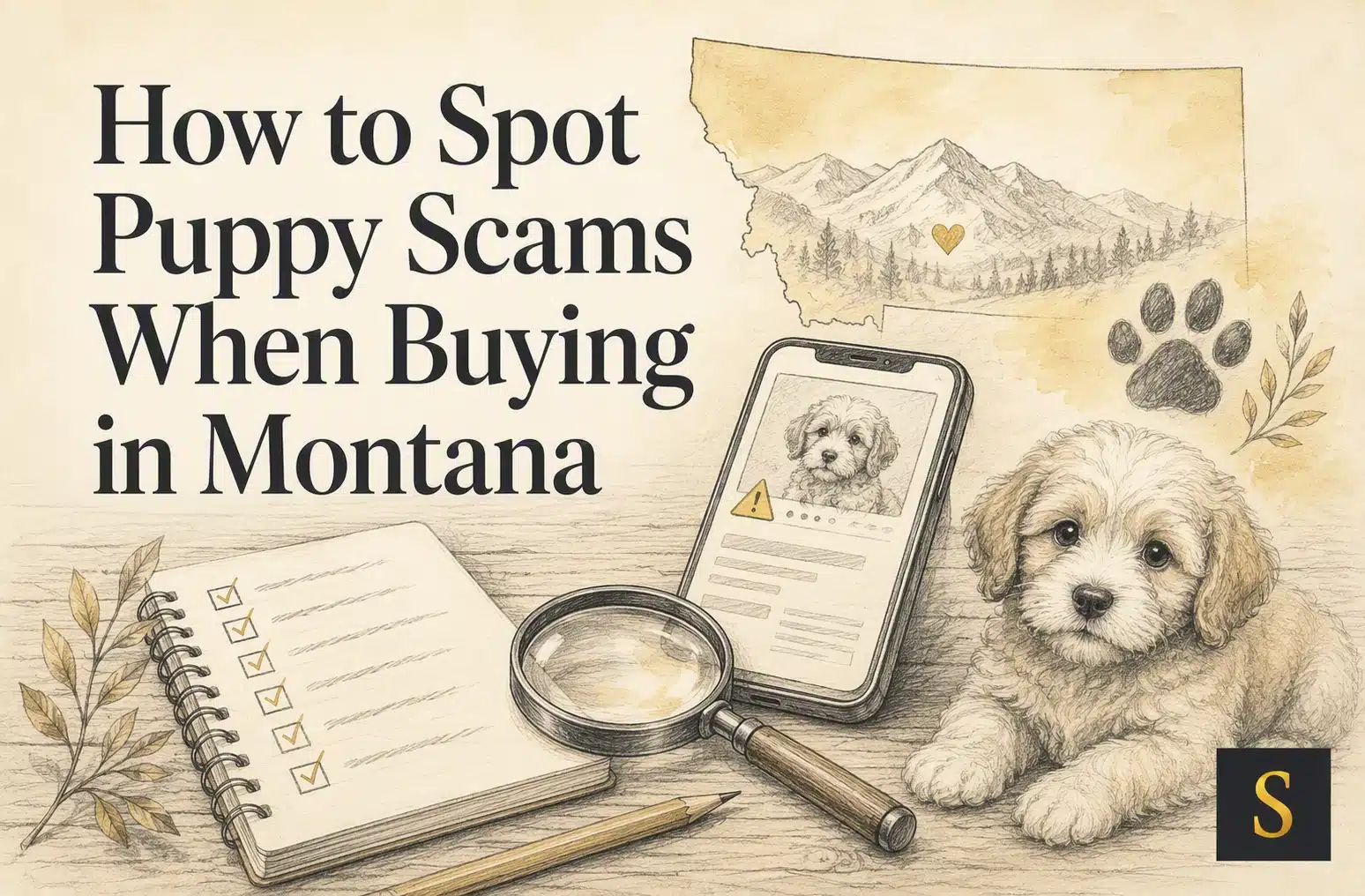 Illustration for "How to Spot Puppy Scams When Buying in Montana" featuring a cute puppy, a checklist, magnifying glass, pencil, and a smartphone displaying a puppy, with a map of Montana in the background.