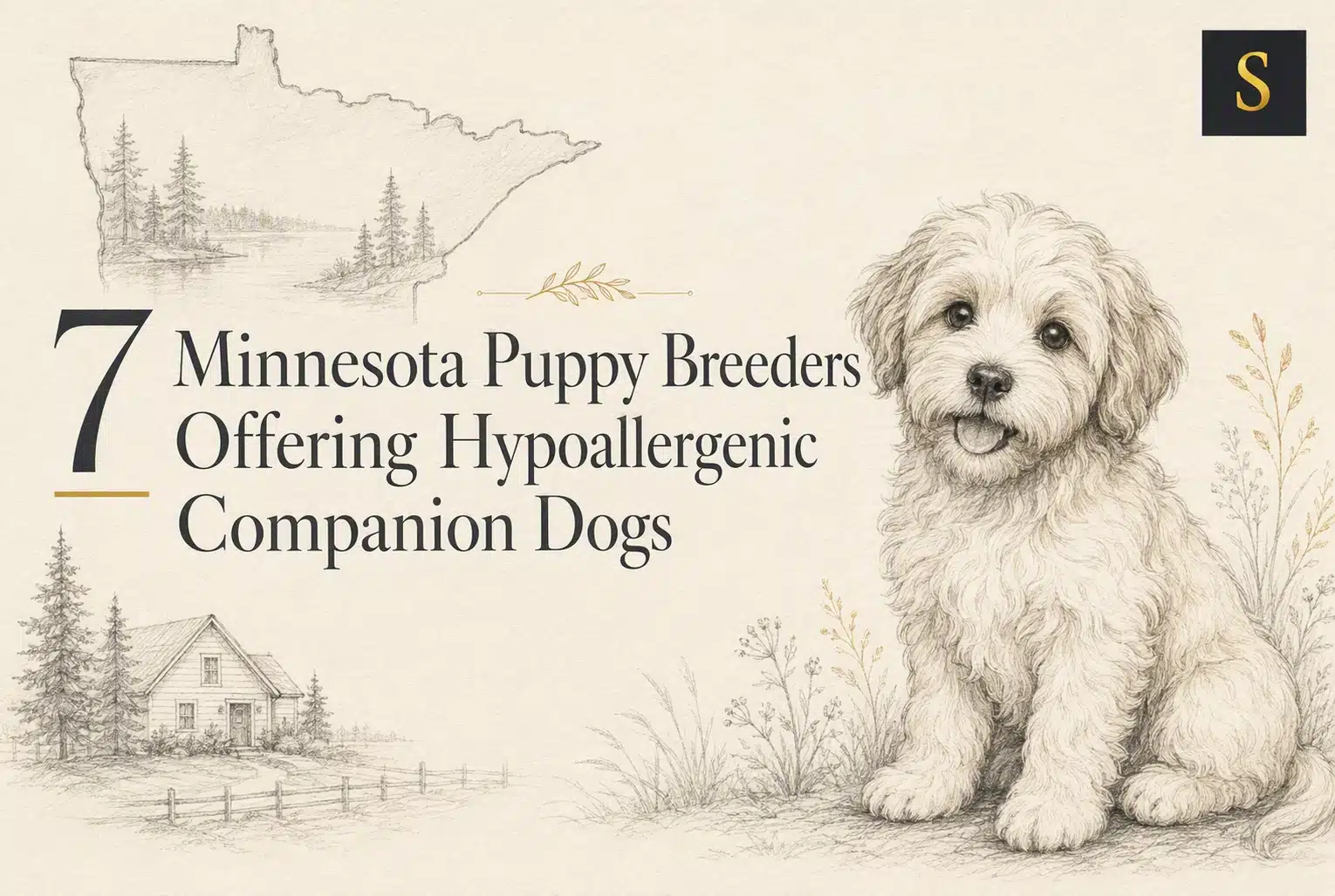 Pencil sketch of a fluffy, light-colored puppy sitting on grass, with a sketch of Minnesota and a rustic house in the background. Text reads "7 Minnesota Puppy Breeders Offering Hypoallergenic Companion Dogs.