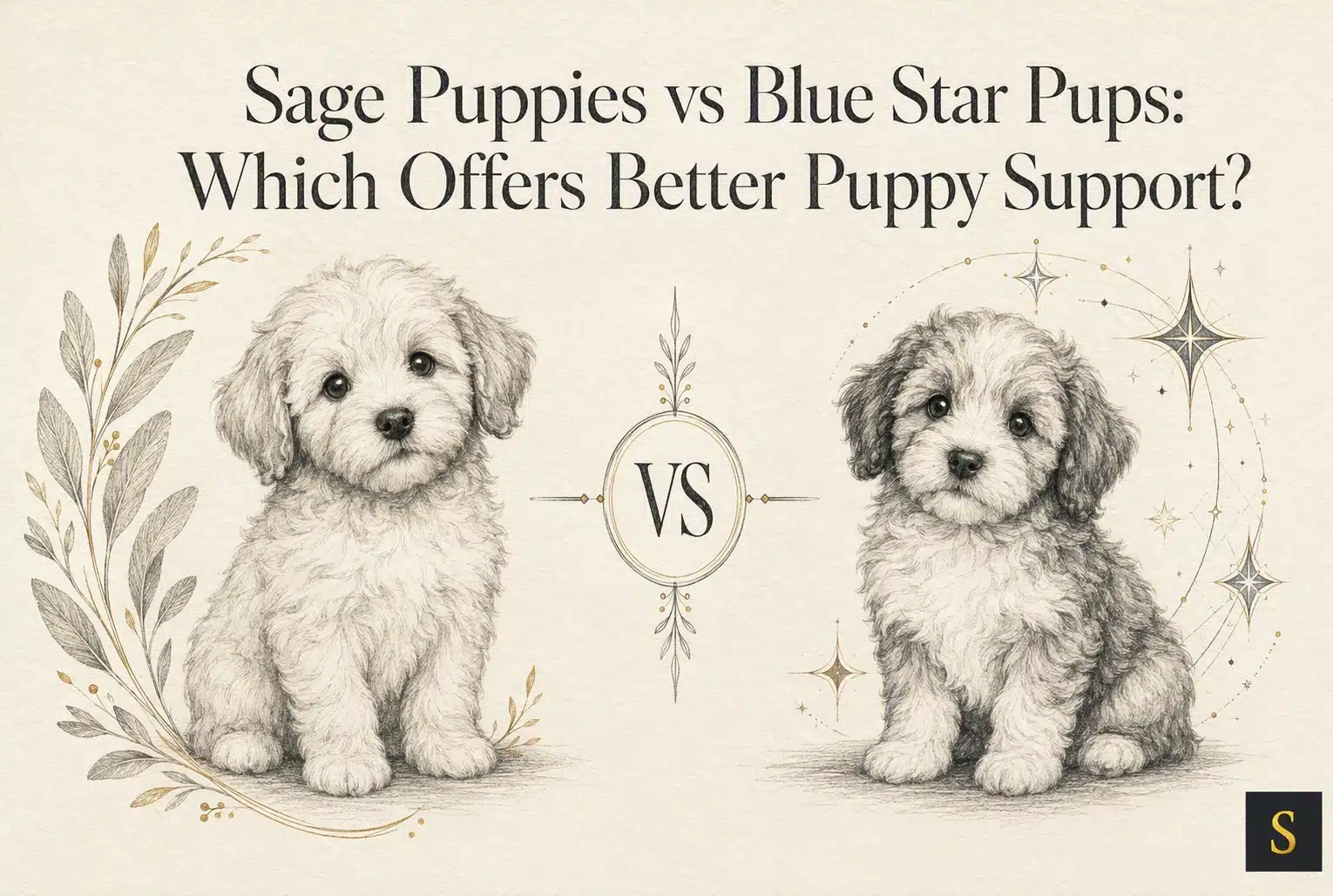 Sage Puppies vs. Blue Star Pups: A sketch-style image comparing two adorable, fluffy puppies, one with lighter fur and a floral border, the other with darker fur and a starry border, centered around a "VS" graphic.