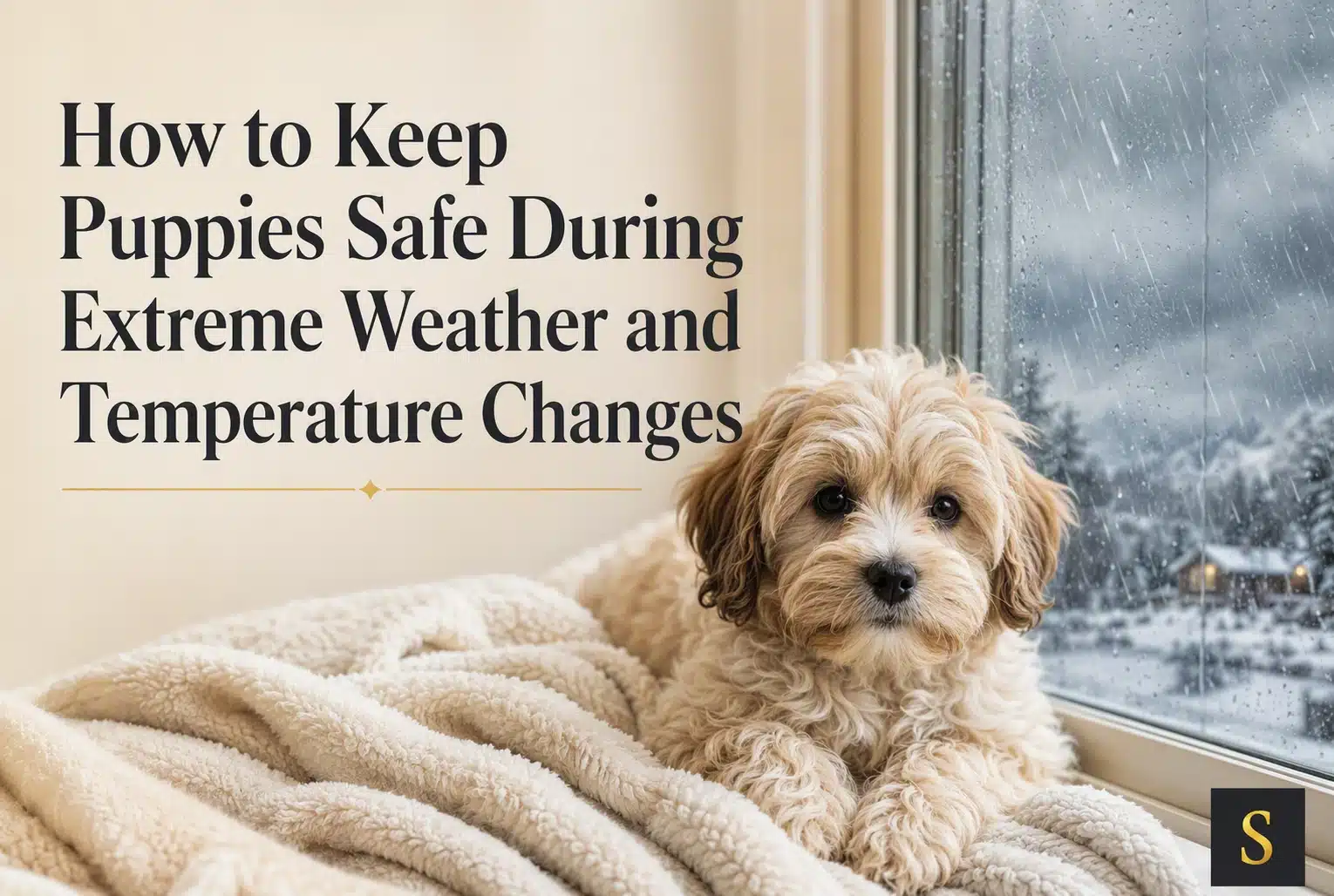 Fluffy light brown puppy resting on a cream blanket, looking at the camera. Outside the window, snow falls heavily, illustrating extreme weather and temperature changes for puppies.